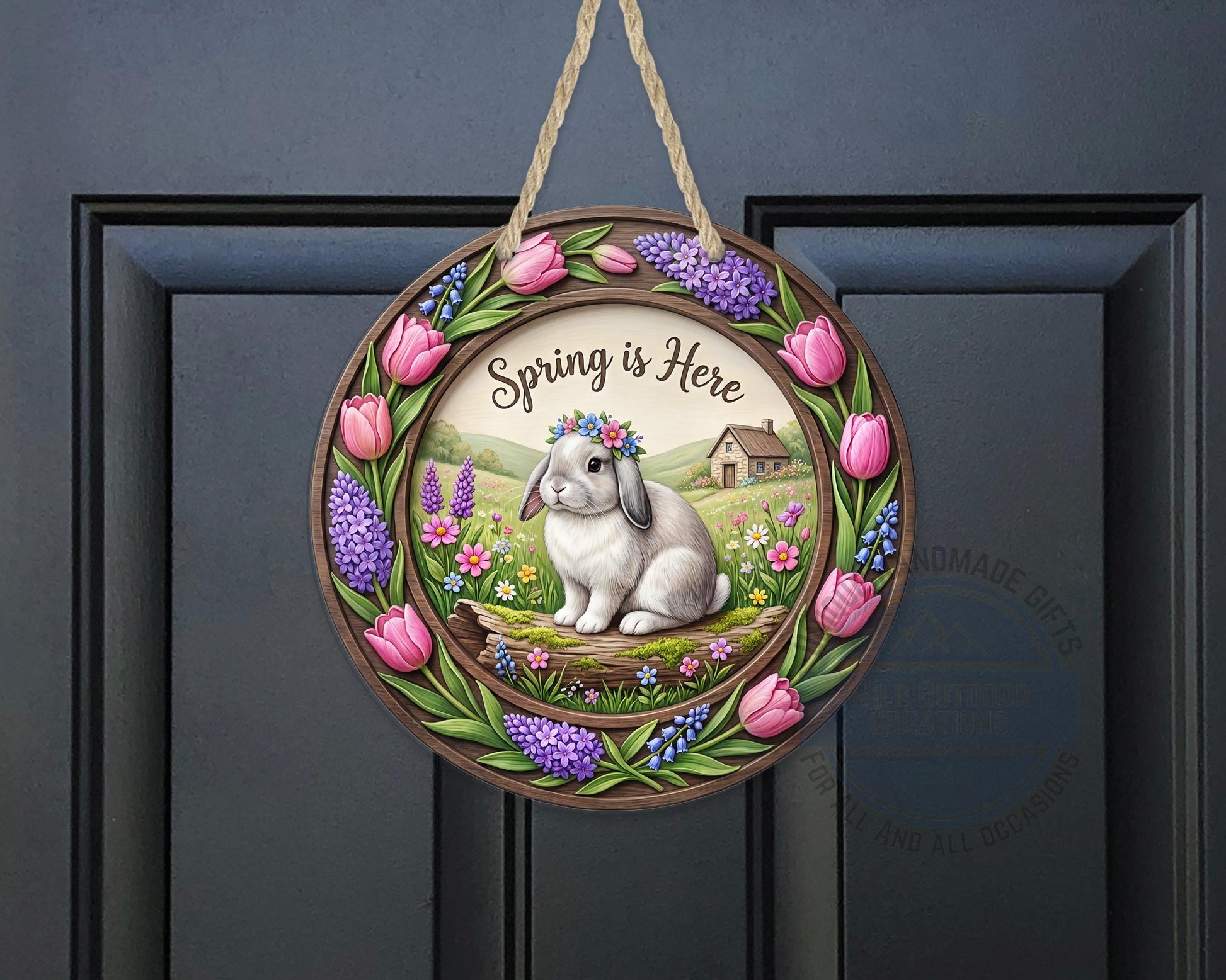 Spring Door Hanger – Round Aluminum Bunny Spring Sign with Tulip Decor - additional product photo 10