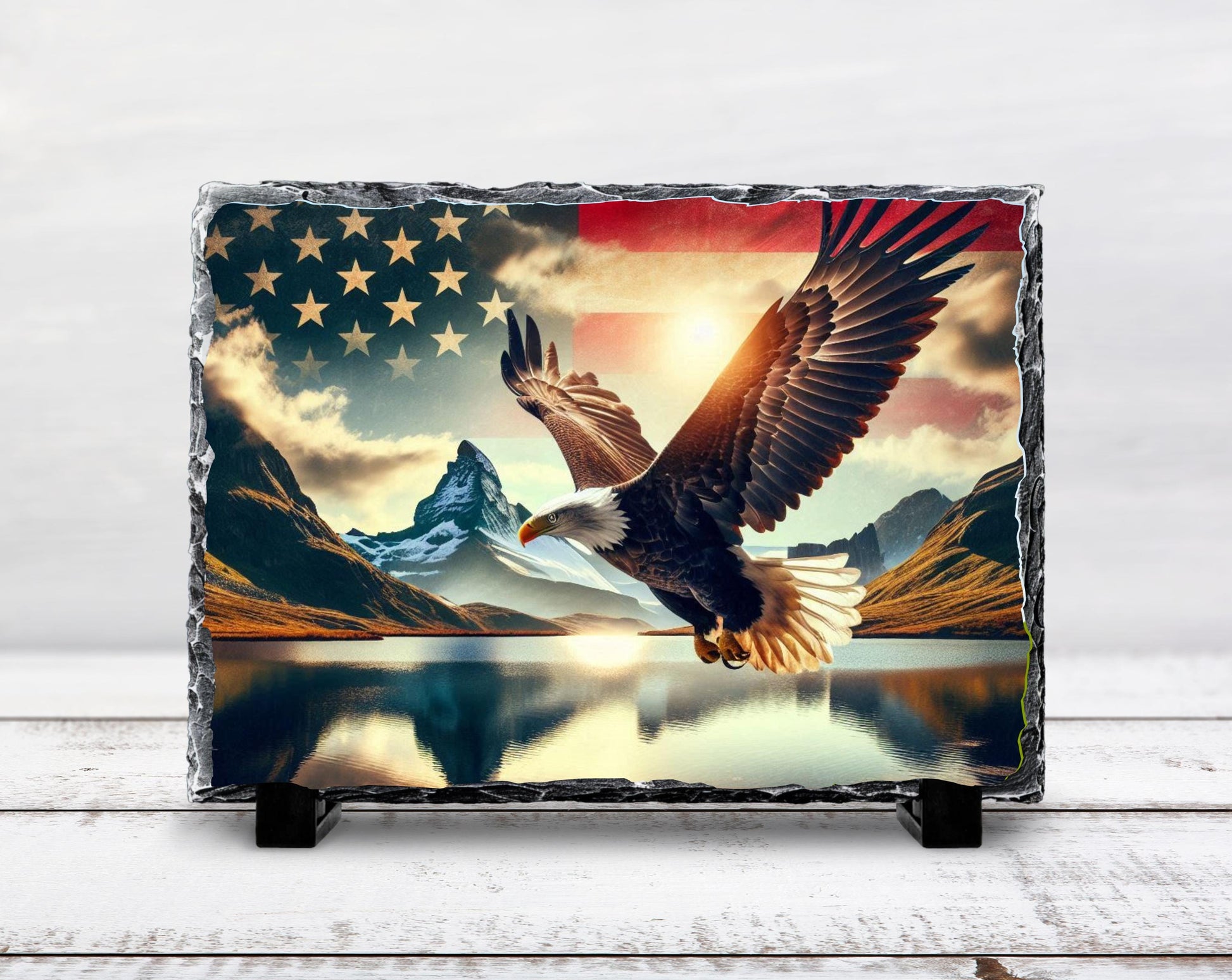 Patriotic Slate Sign - Bald Eagle Decor With American Flag Art & Mountain Lake - scale and size reference