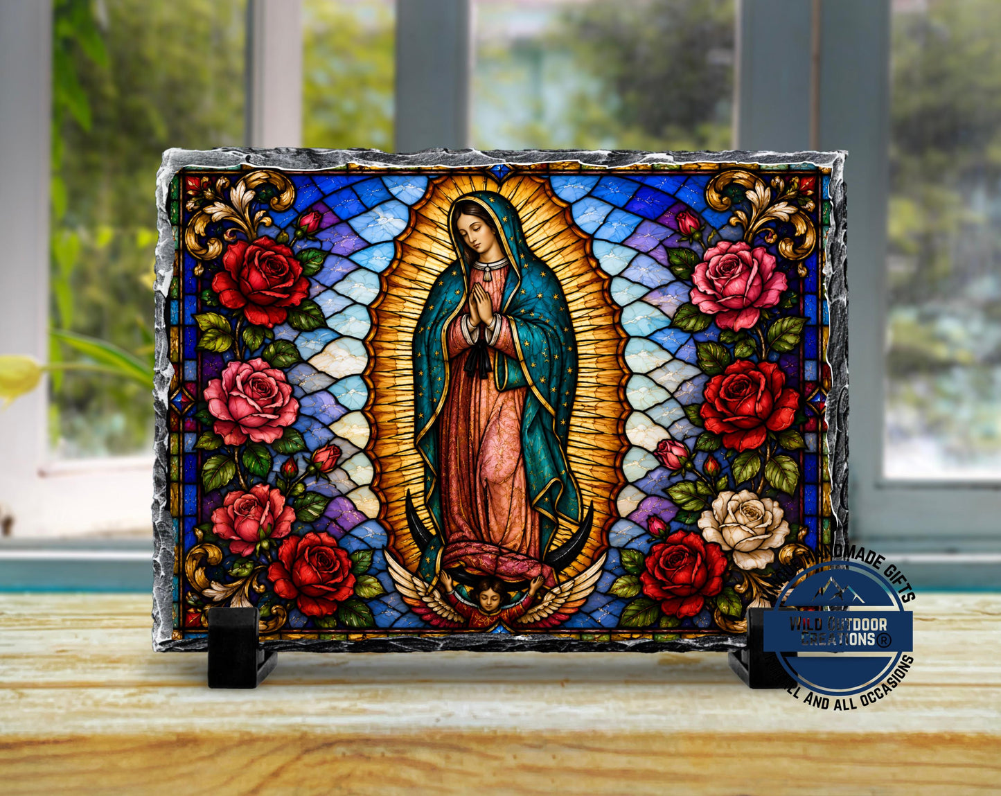 Our Lady of Guadalupe Faux Stained Glass Slate Plaque, Virgen Maria Catholic Gift