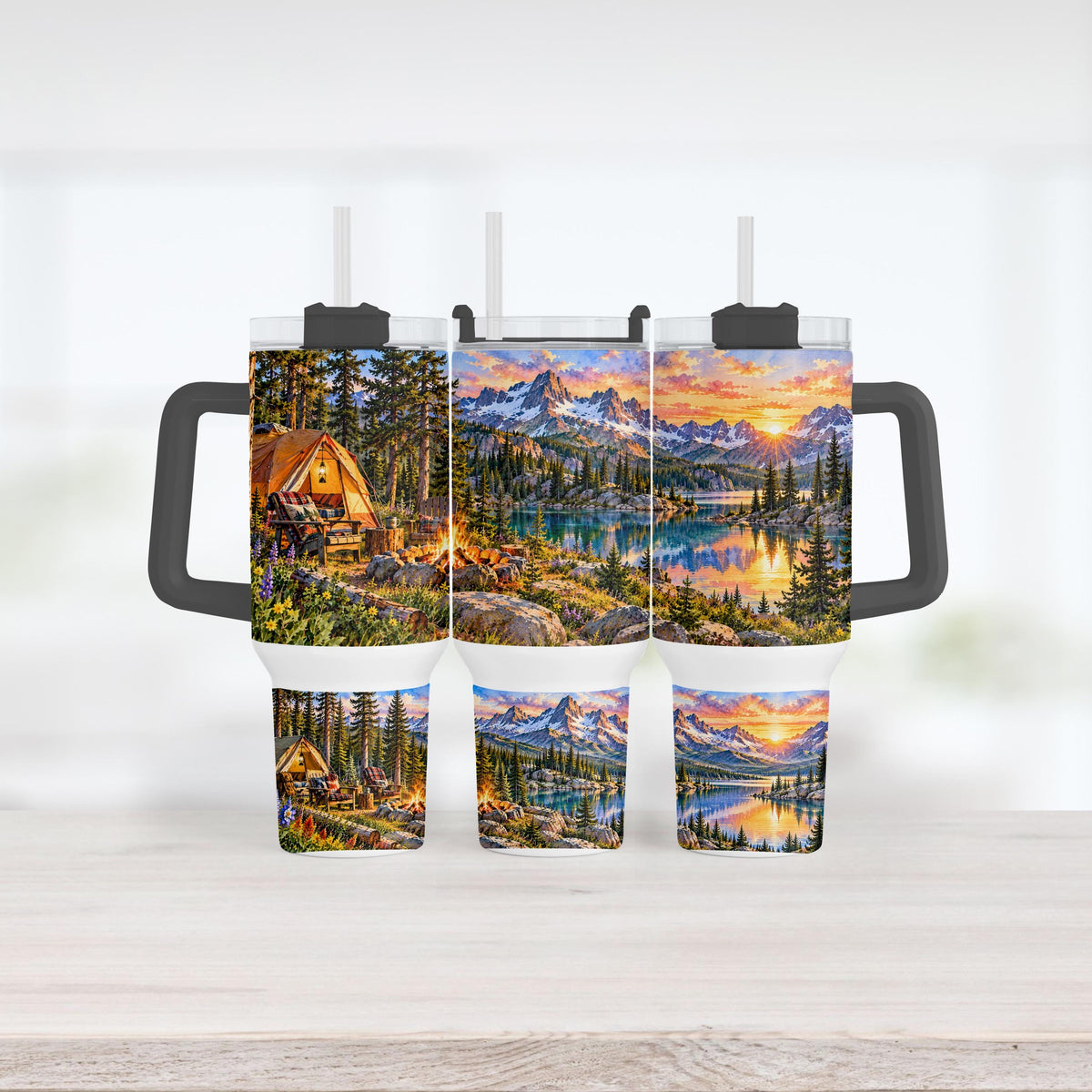Mountain Camping Tumbler, 40 Oz Handle, Campfire Lake Sunset Gift