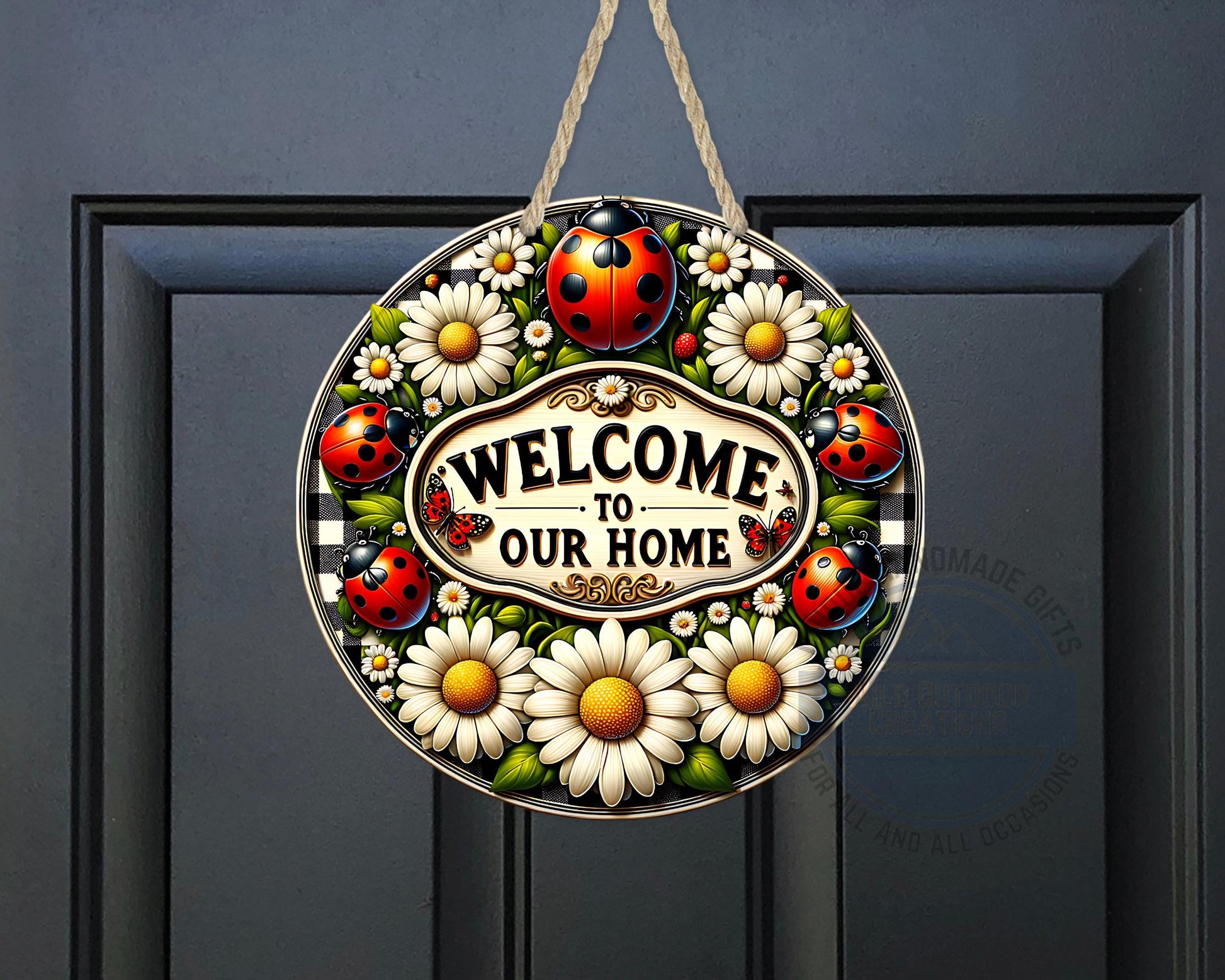 Welcome Door Hanger - Outdoor Aluminum Round Sign With Ladybug & Daisy Design