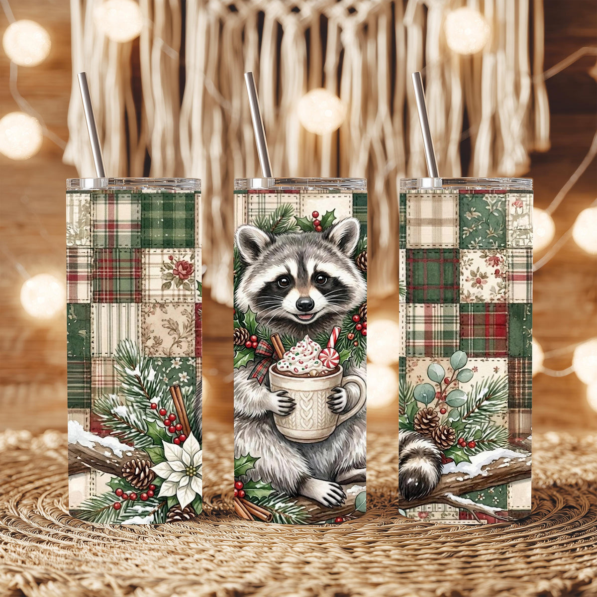 Raccoon Tumbler, 20 Oz Skinny, Plaid Patchwork Hot Cocoa Holiday