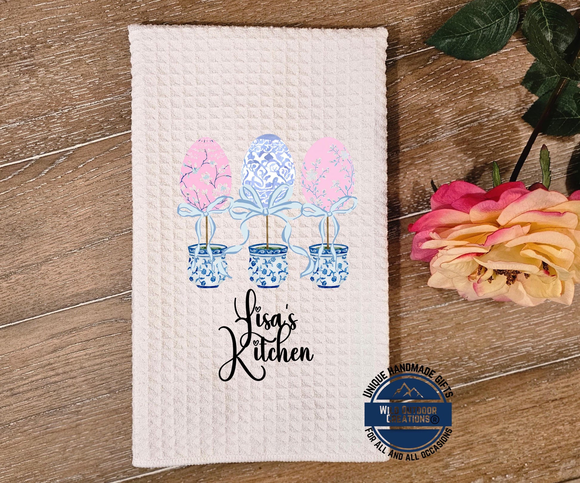Personalized Kitchen Towel – Easter Egg Topiary Waffle Weave, Custom Name Gift - packaging and presentation