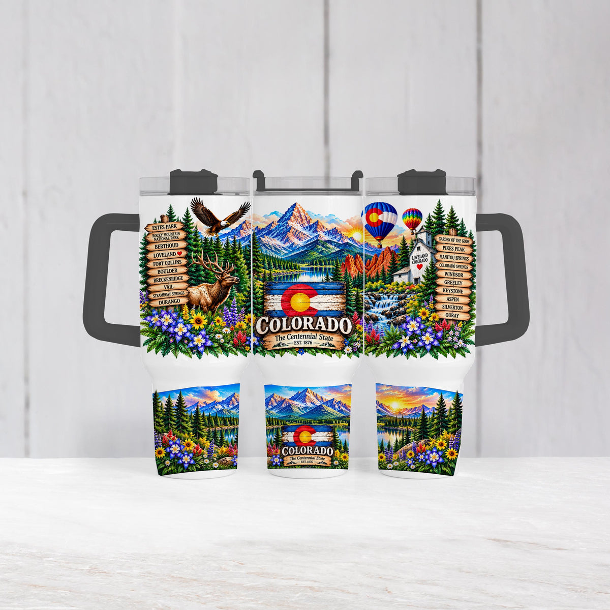 Colorado 40 Oz Tumbler, Handle, Elk, Columbine, Flag Gift Cup Set