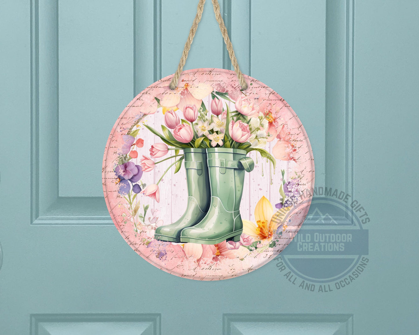 Spring Garden Boots - Pink Tulip Floral Door Hanger | Rustic Farmhouse Charm - additional angle