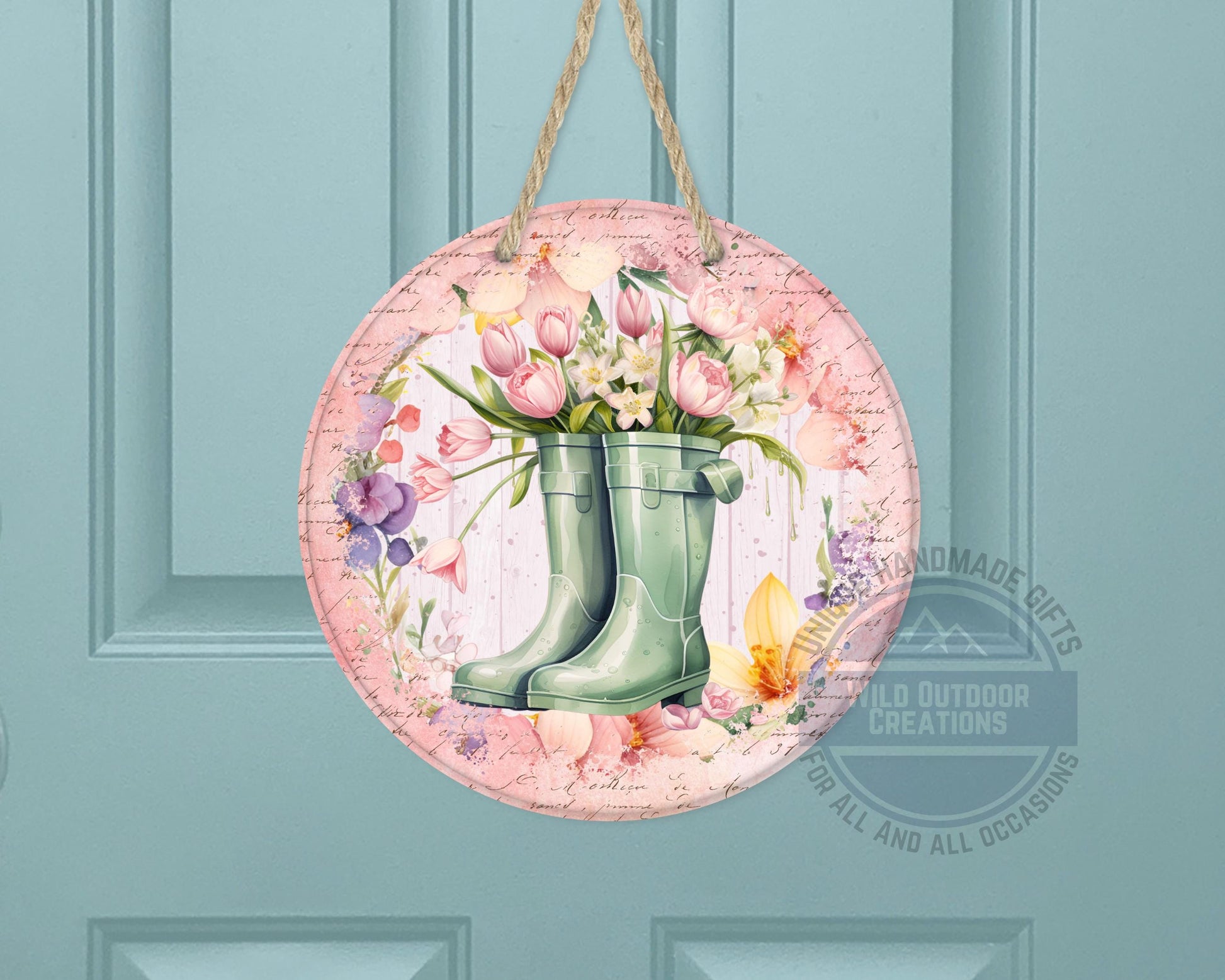 Spring Garden Boots - Pink Tulip Floral Door Hanger | Rustic Farmhouse Charm - additional angle