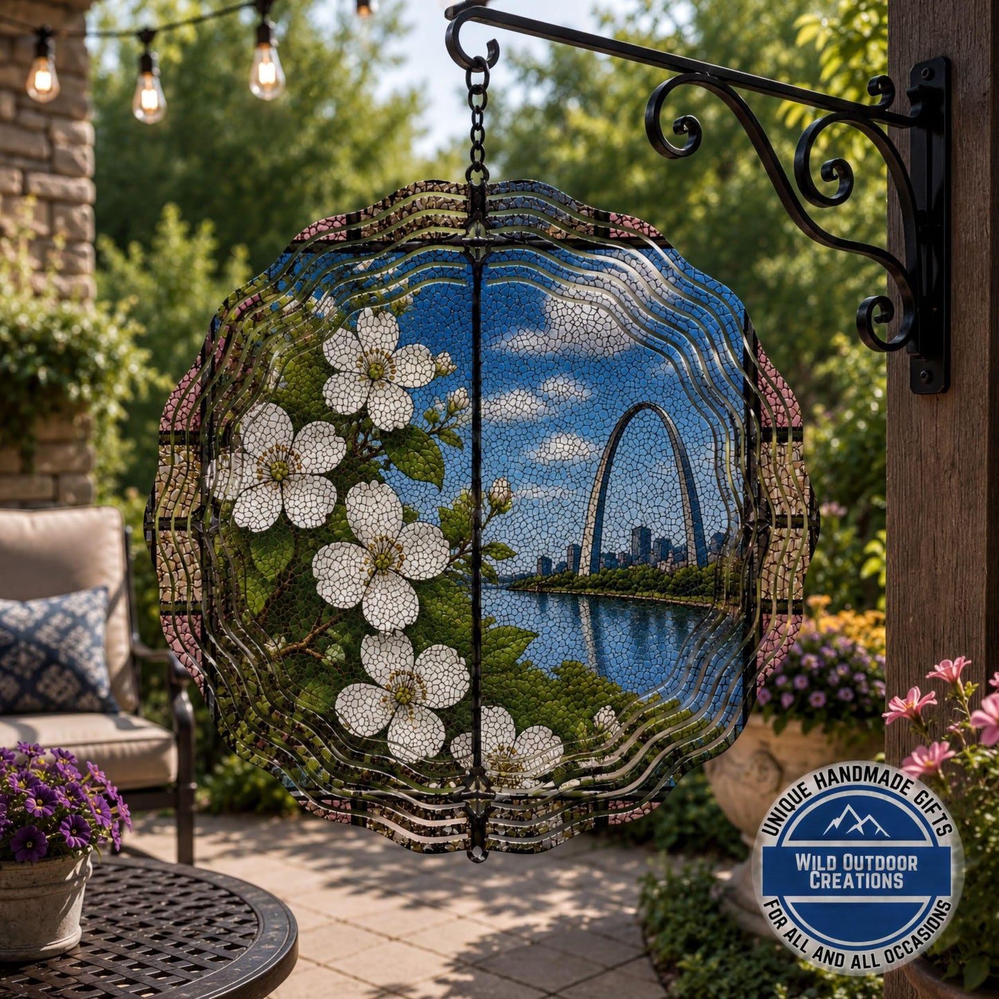 Missouri State Flower Hawthorn Blossom Wind Spinner Stained Glass Gateway Arch Decor 10 Inch