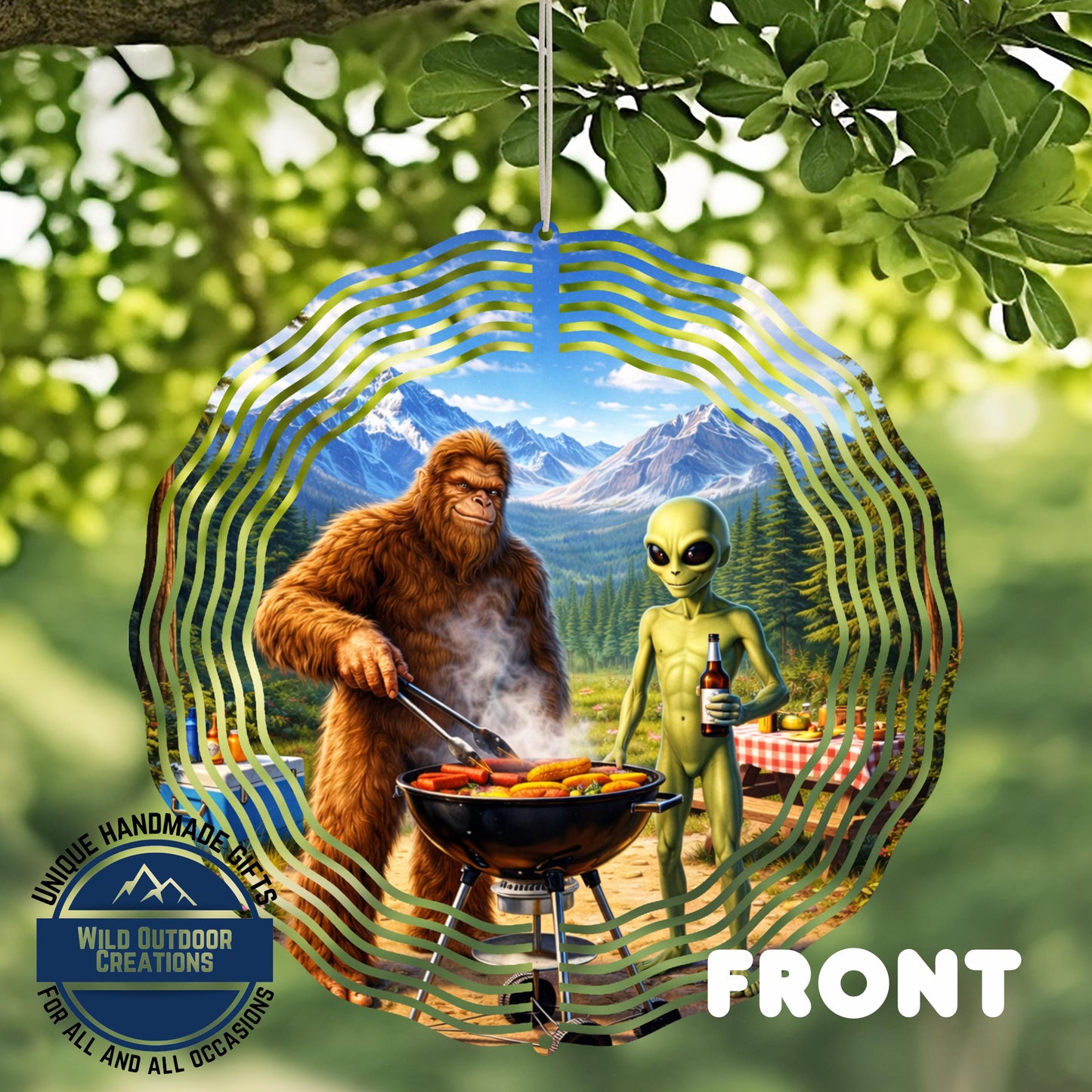 A large, furry alien creature is cooking food on a grill, while a human-like creature holds a bottle of beer nearby. The scene is set in a forested area with mountains in the background.