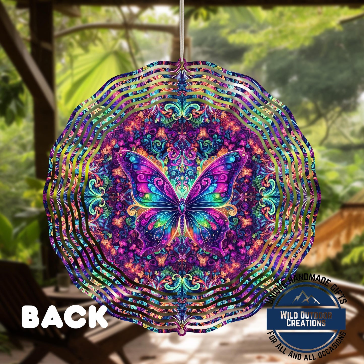Psychedelic Butterfly Spinner - 10 Inch Outdoor Wind Spinner with 360° Swivel Hook - product dimensions and specifications