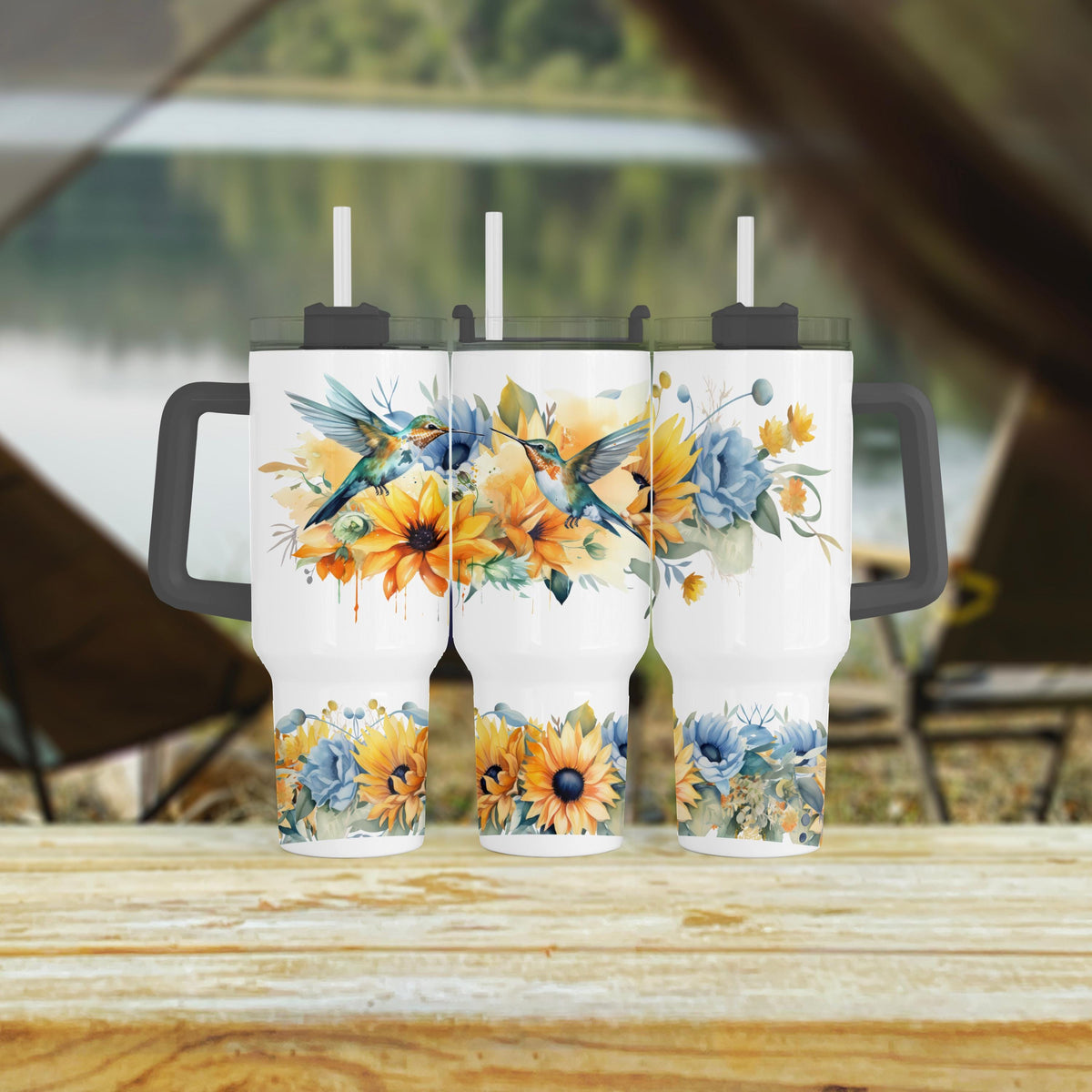 40 Oz Tumbler, Hummingbird Sunflower Blue Floral Cup With Handle