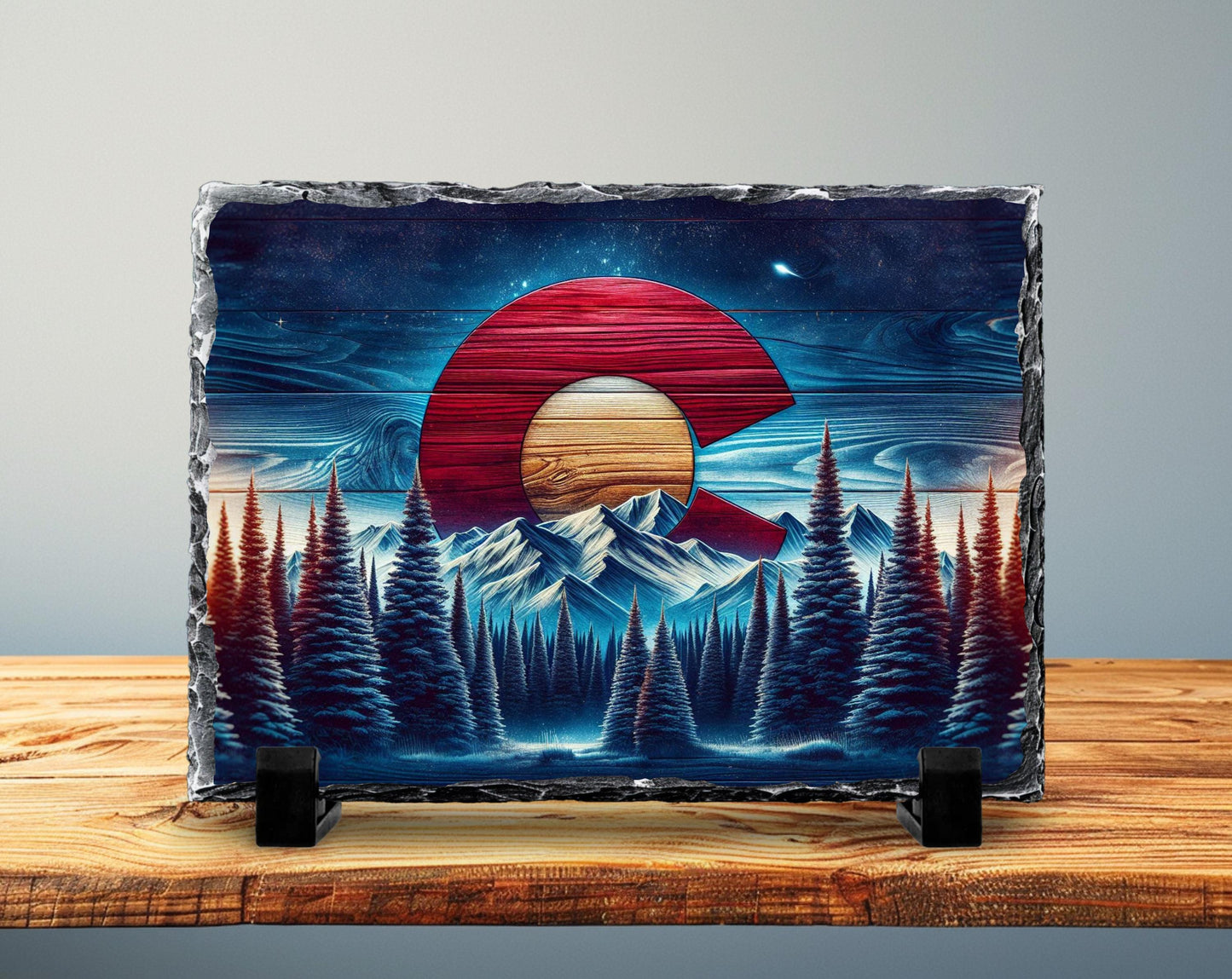 Rustic Slate Plaque | Colorado Mountain Decor - Handcrafted Natural Stone Tabletop Display - gift presentation view