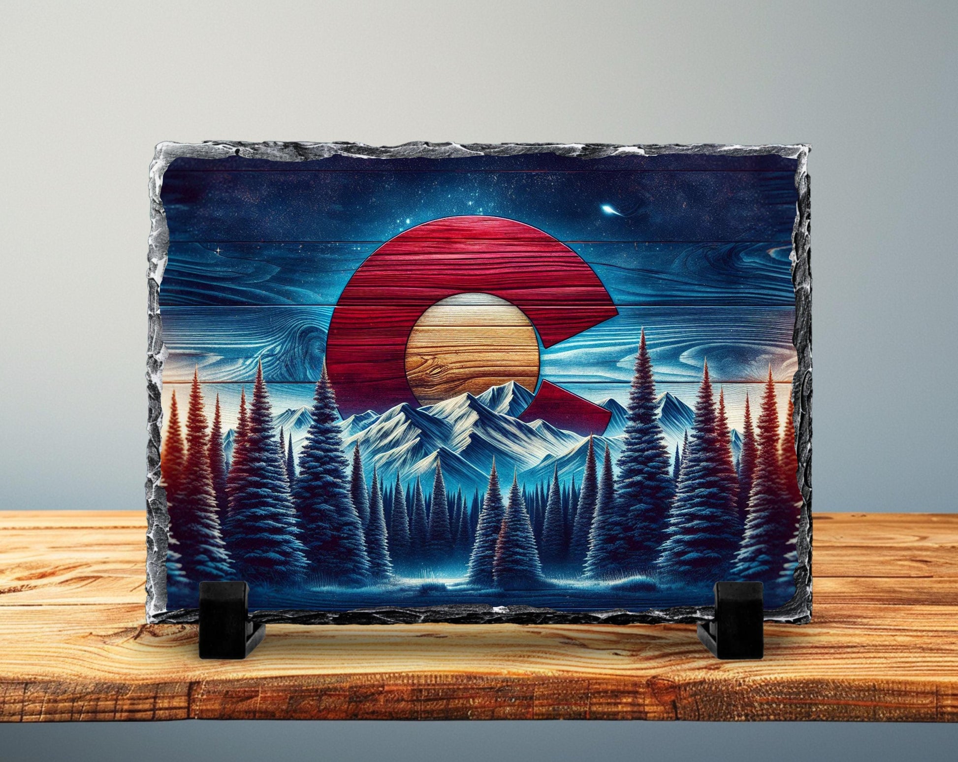 Rustic Slate Plaque | Colorado Mountain Decor - Handcrafted Natural Stone Tabletop Display - gift presentation view