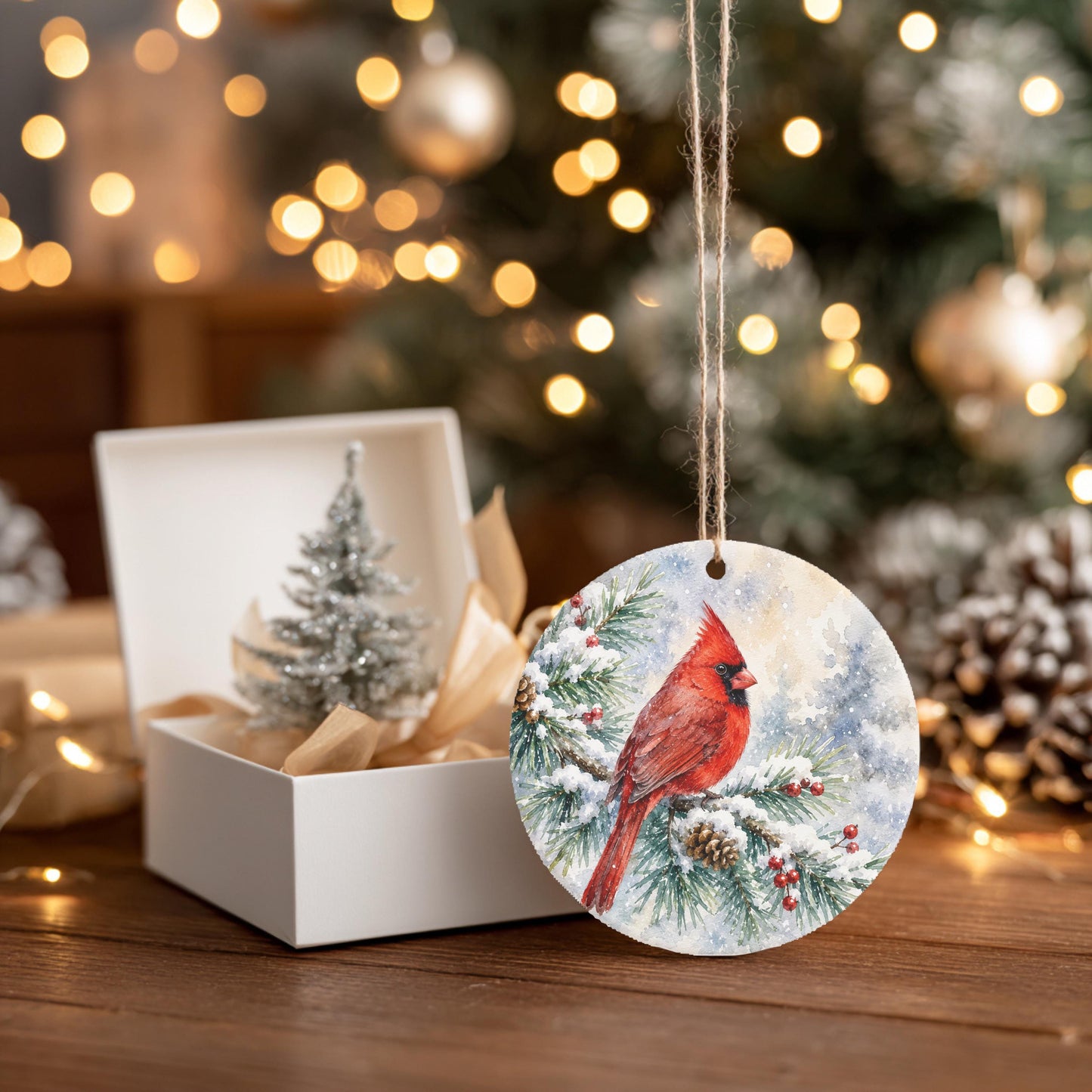 A white box containing a small silver Christmas tree ornament, with a round ornament featuring a red cardinal perched on a pine branch hanging from a string.