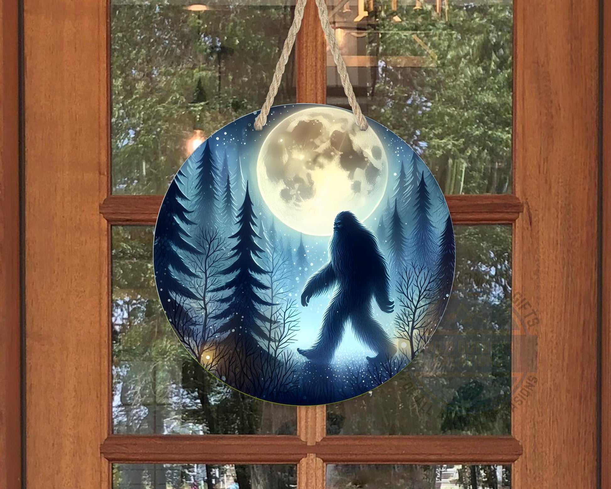 Bigfoot Door Hanger - Aluminum Round Porch Sign With Moonlit Forest Decor - displayed on front door