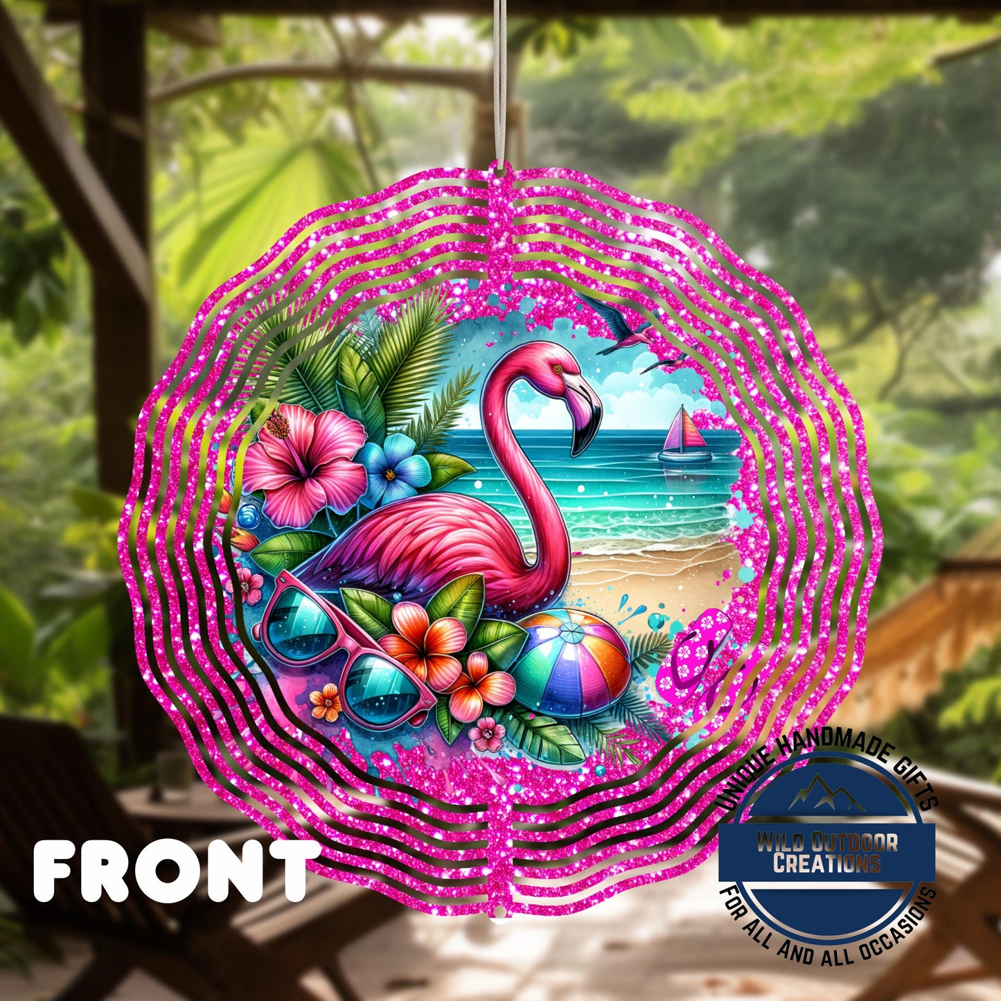 Flamingo Wind Spinner - Double Sided Aluminum Outdoor Garden Art with 360° Swivel - back side design view