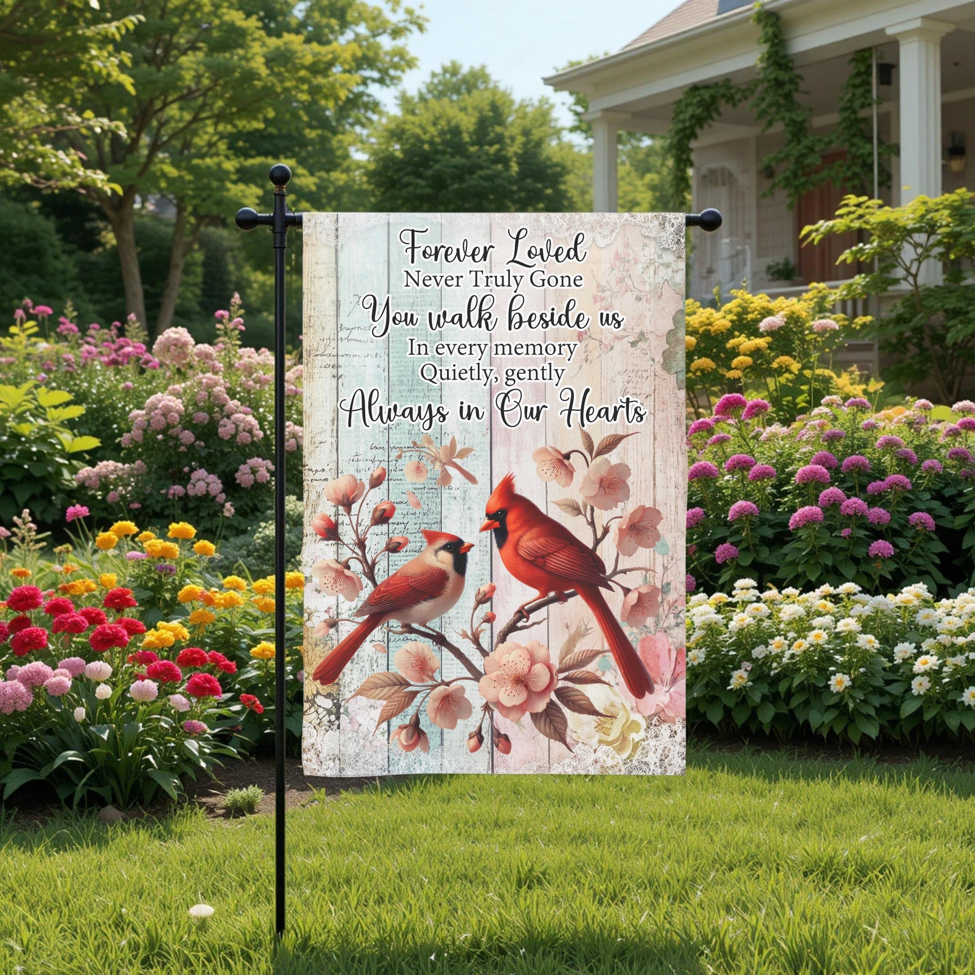 Memorial Garden Flag - Forever Loved Cardinal Tribute, Double Sided, Weather Resistant 12x18 - front and back