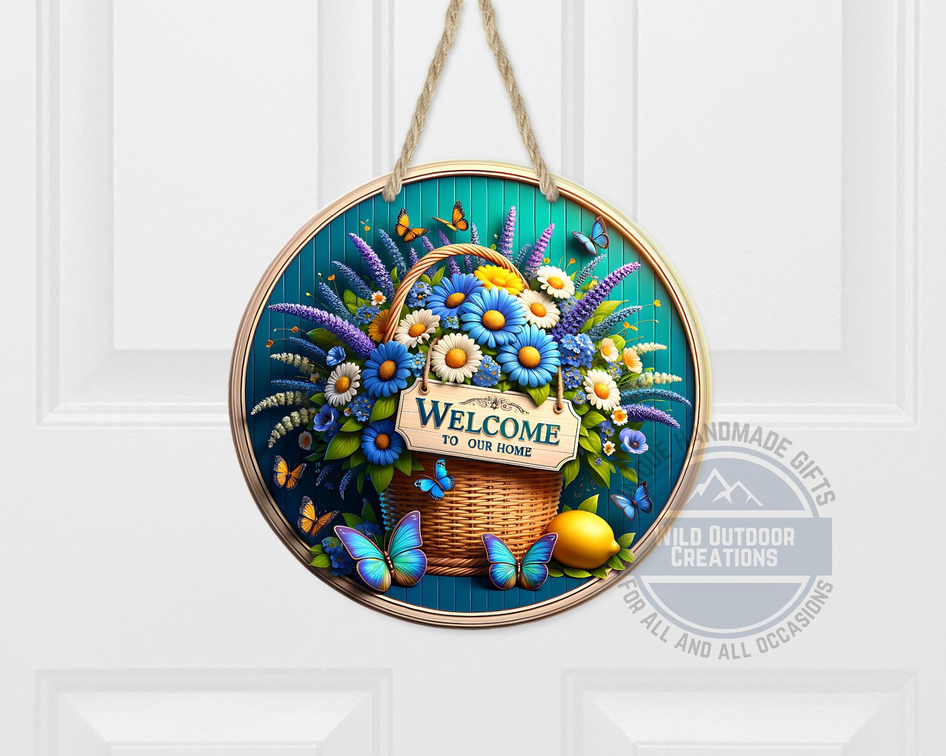 Welcome Door Sign – Blue Daisy Floral Basket | Outdoor Aluminum Porch Decor - scale and size reference