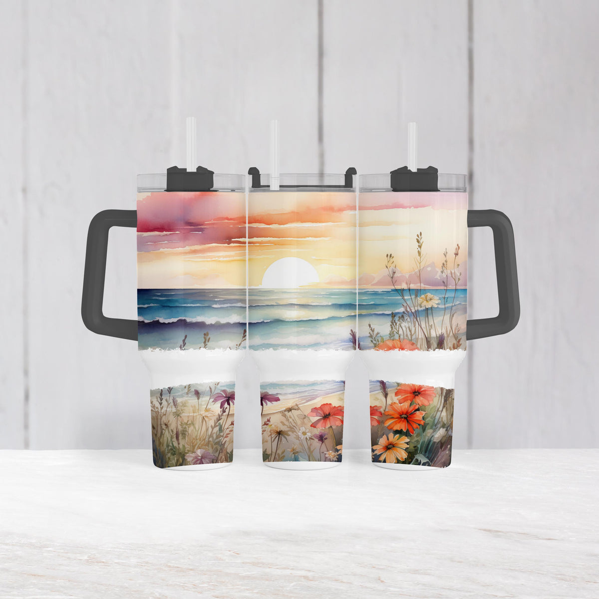 Beach Sunset Tumbler, 40 Oz Handle, Ocean Waves, Wildflower Gift
