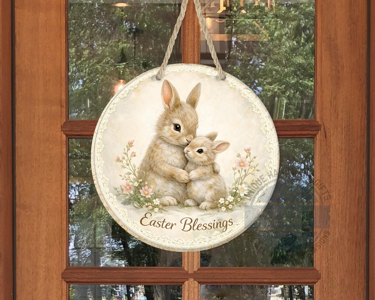 Spring Bunny Door Hanger – Floral Easter Sign | 10" Round Aluminum Decor - detail view