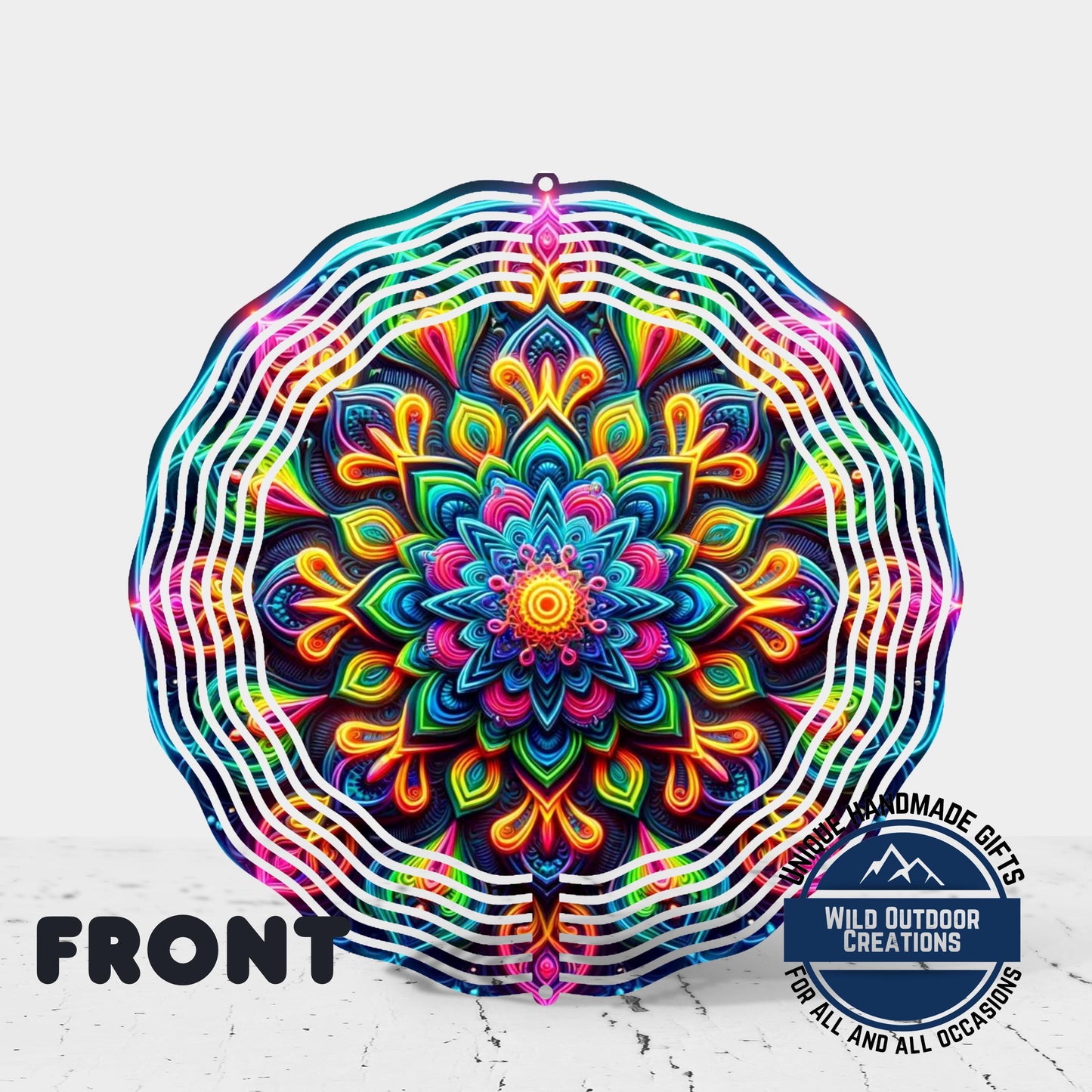 Neon Mandala Wind Spinner - 10 Inch Aluminum Outdoor Wind Spinner with Vibrant Neon Colors - gift presentation view