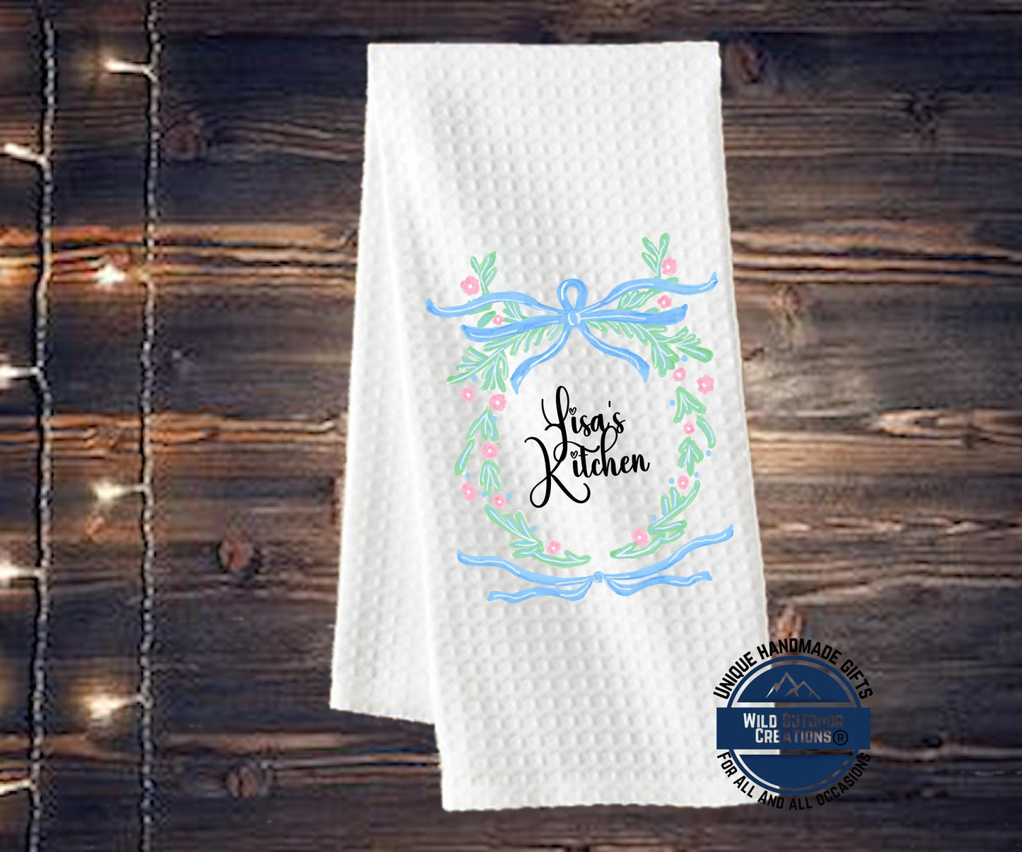 Personalized Kitchen Towel – Custom Name Floral Wreath Waffle Weave Gift - additional product photo 13