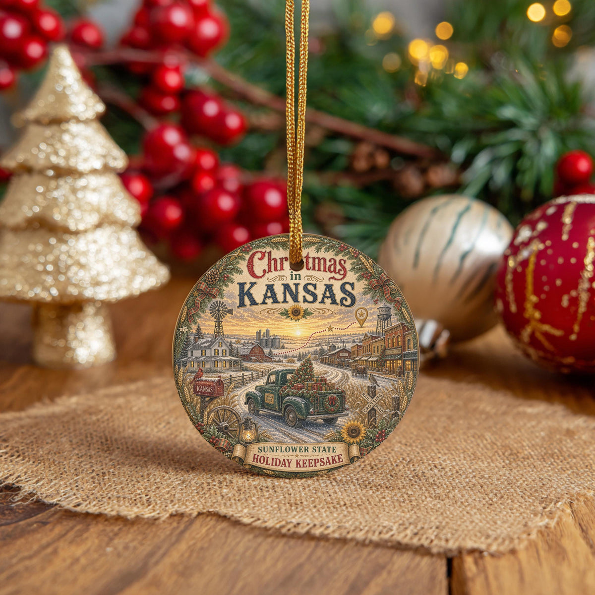 Kansas Christmas Ornament | Vintage Green Truck Ceramic Keepsake, 3 Inch