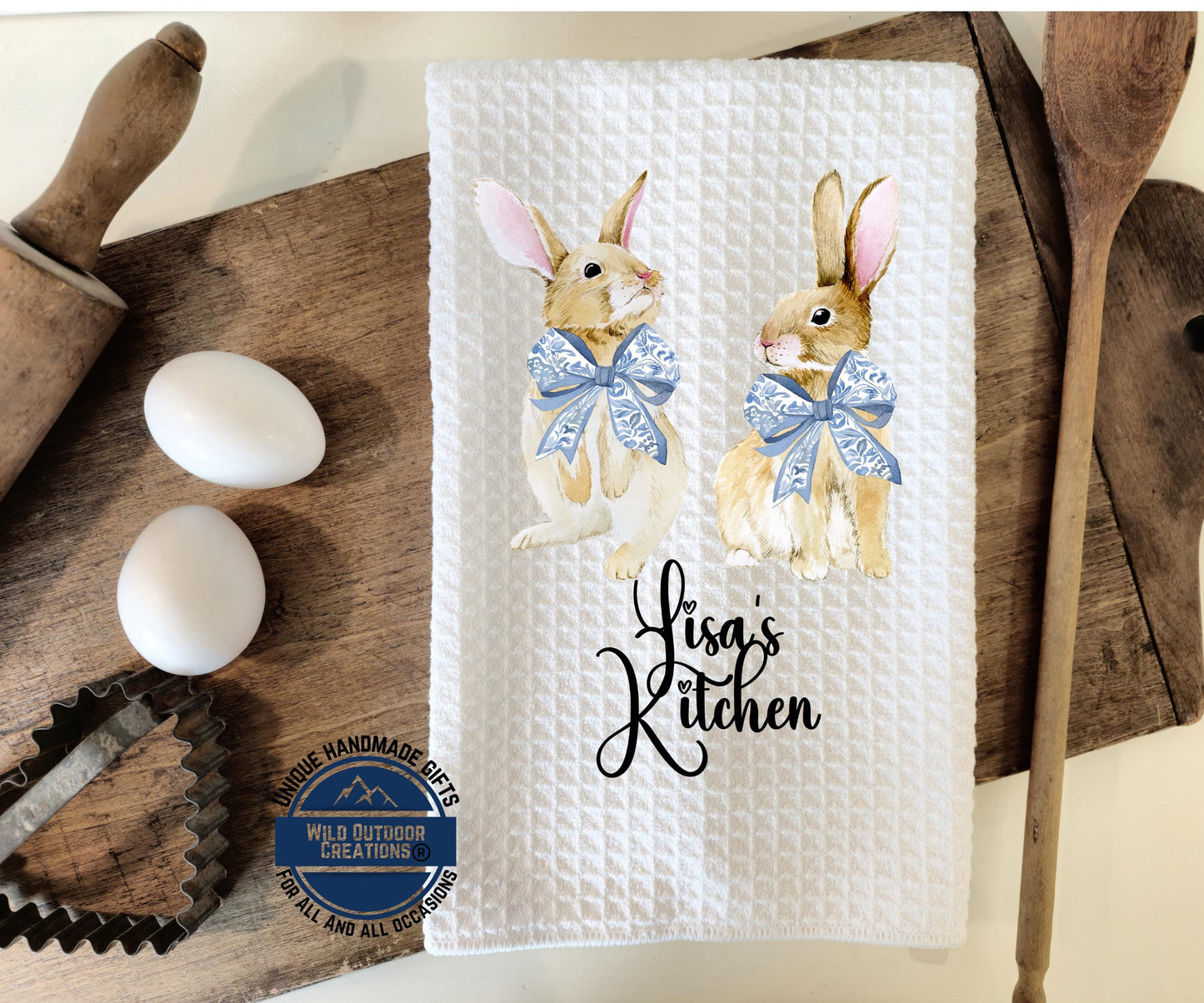 Personalized Easter Towel - Custom Kitchen Towel with Bunny Coquette Bow Design - detail view