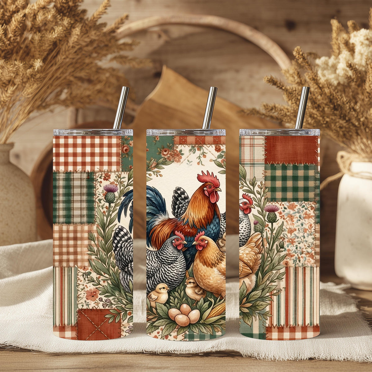 Chicken Tumbler, Rooster Hen Patchwork Quilt, 20 Oz Skinny Gift