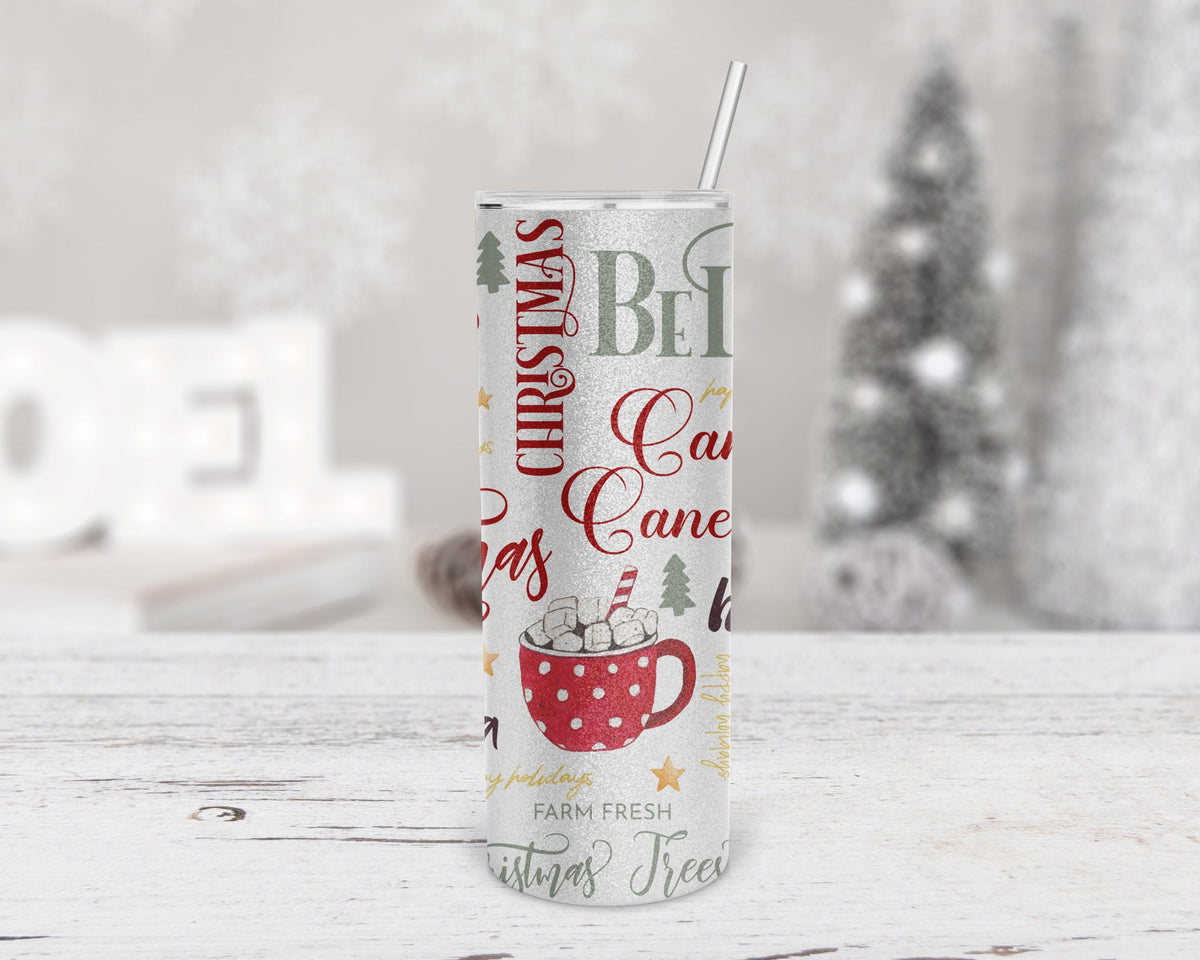 Christmas Tumbler Silver Glitter, Skinny 20 Oz, Santa Snowman Cocoa