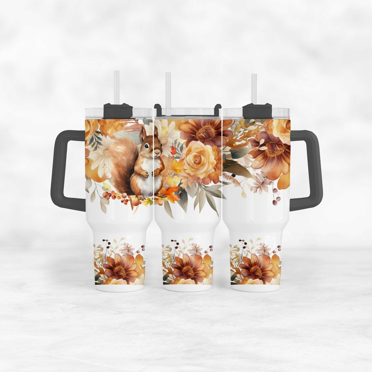 40 Oz Tumbler With Handle, Squirrel Fall Floral Woodland Cup Gift