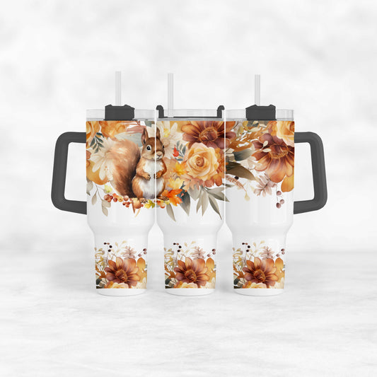 40 Oz Tumbler With Handle, Squirrel Fall Floral Woodland Cup Gift