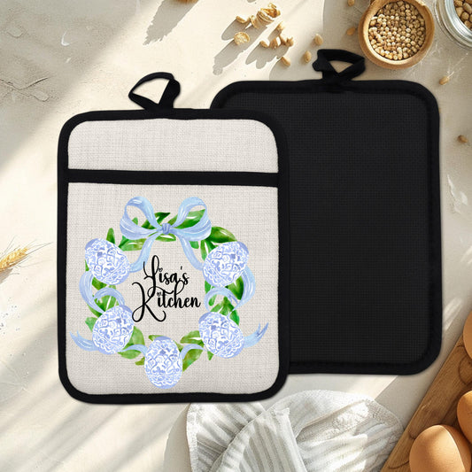 Personalized Easter Wreath | Non-Slip Pot Holder, Blue & White Chinoiserie Style Decor Gift