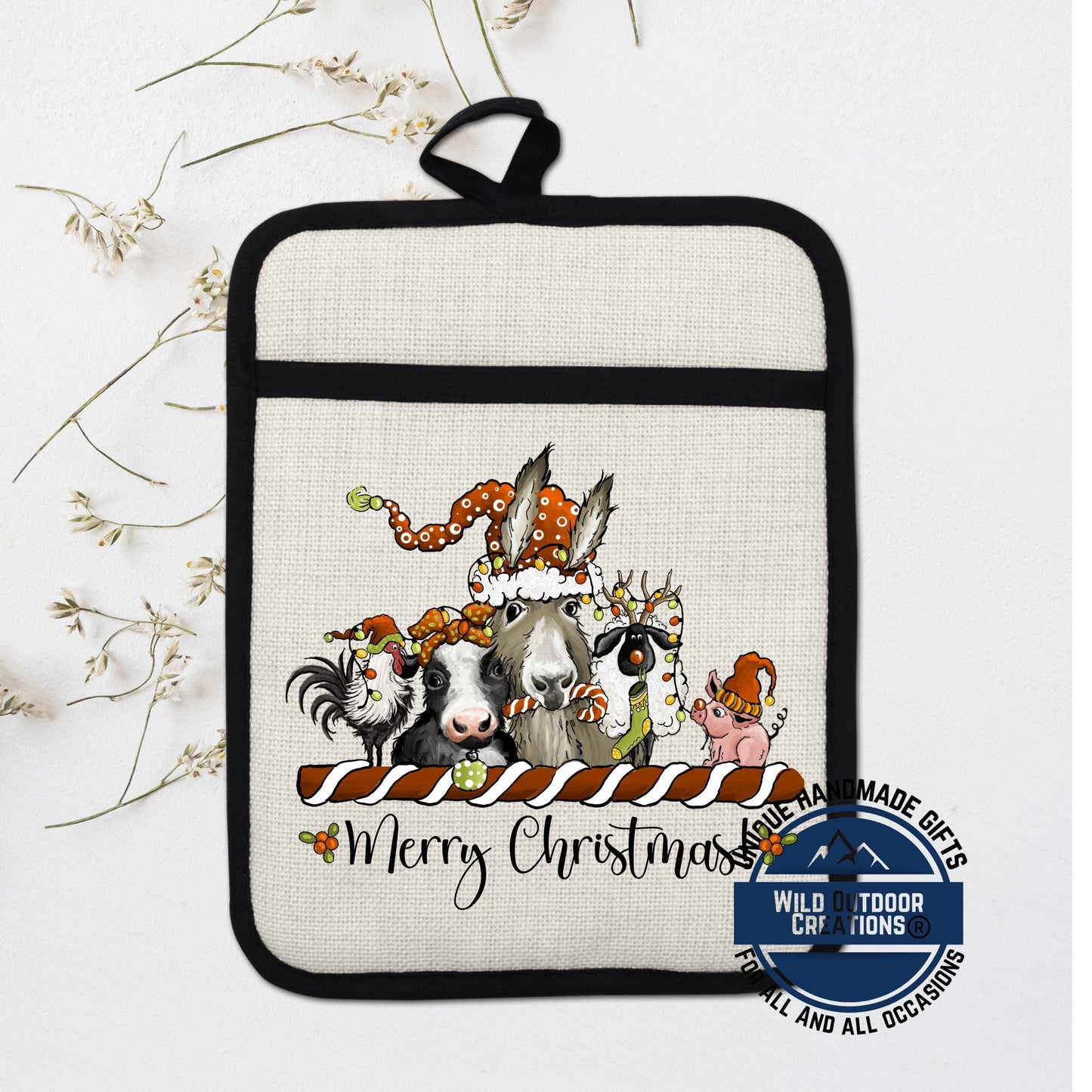 Christmas Farm Animal Pot Holder Linen Hot Pad Donkey Cow Pig Kitchen Gift