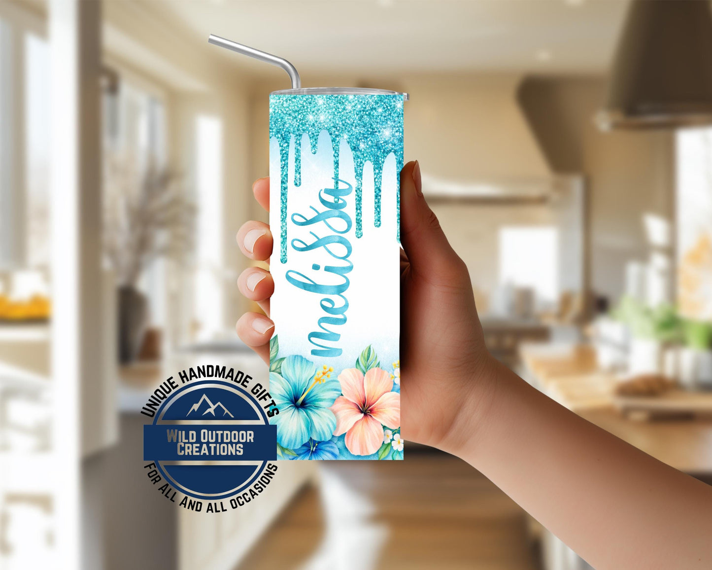 Personalized Tropical Tumbler - Double Wall Tumbler With Floral Beach Design & Glow Green - additional product photo 11