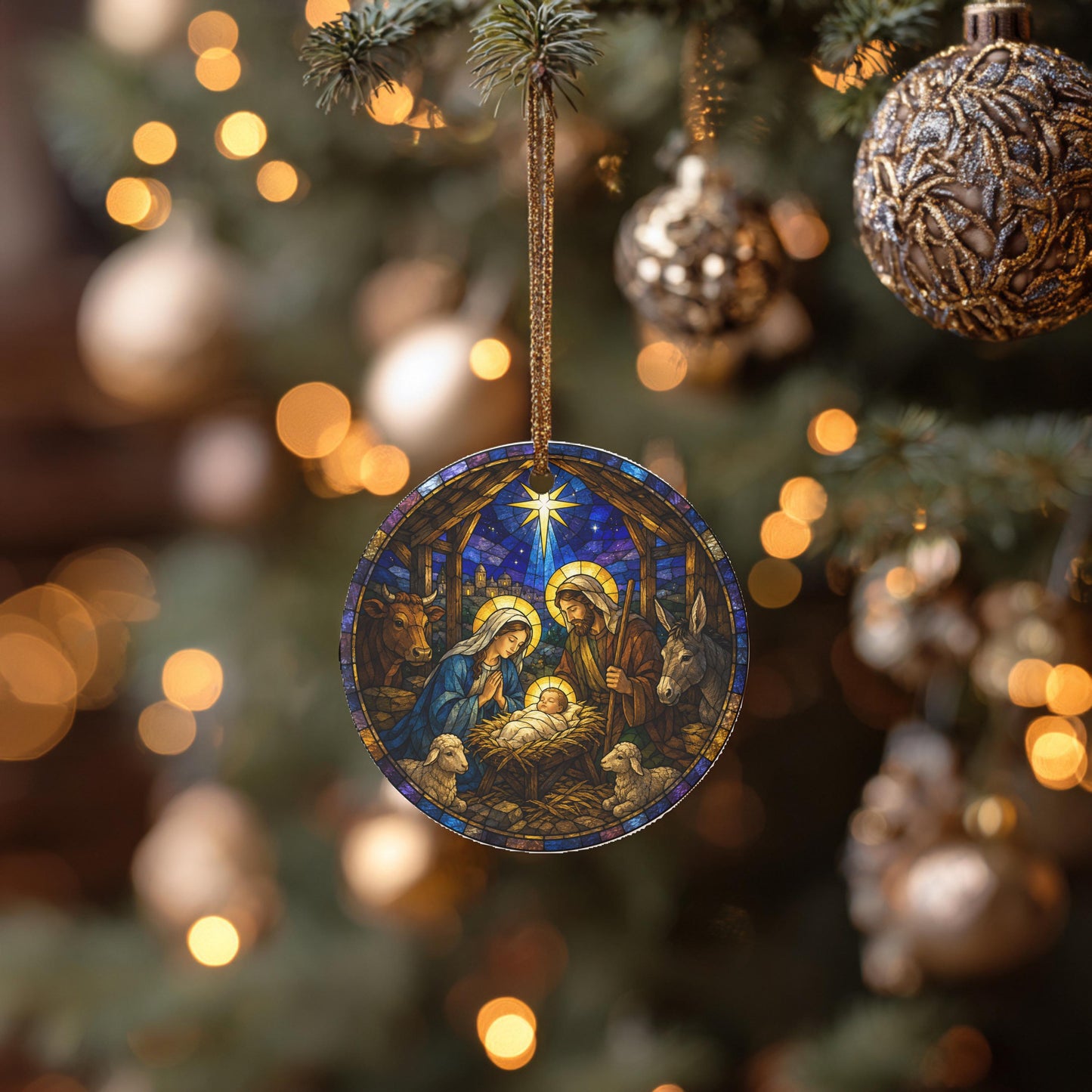 A stained glass ornament depicting the Nativity scene hangs from a Christmas tree, surrounded by other ornaments and lights.