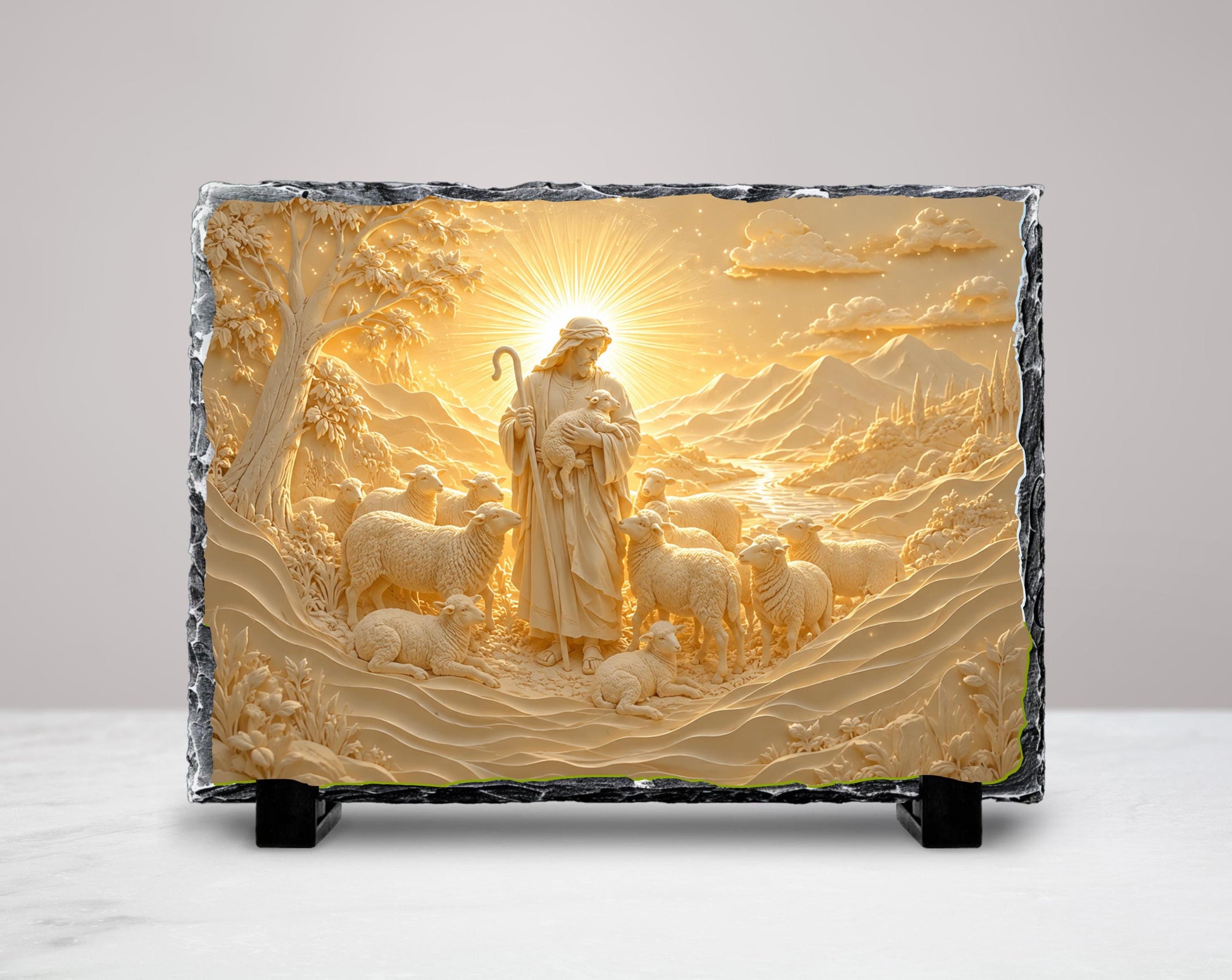 The image is a stone carving depicting a shepherd tending to his flock, with a sunlit landscape in the background.