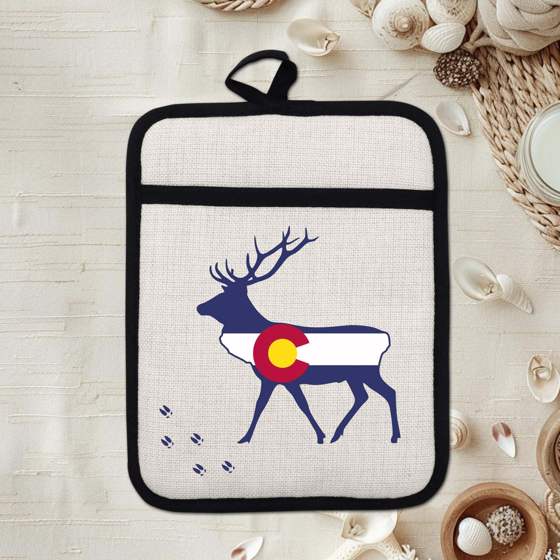Elk Pot Holder - Colorado Linen With Silicone Back, Heat Resistant Trivet 9x7 Inches - gift presentation view