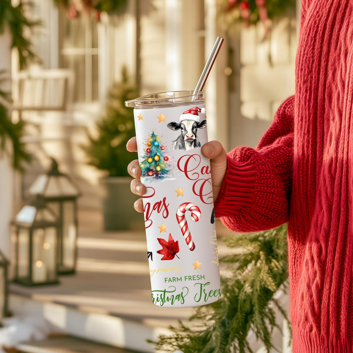 Christmas Cow Tumbler, 20 Oz Skinny Silver Glitter Santa Hat