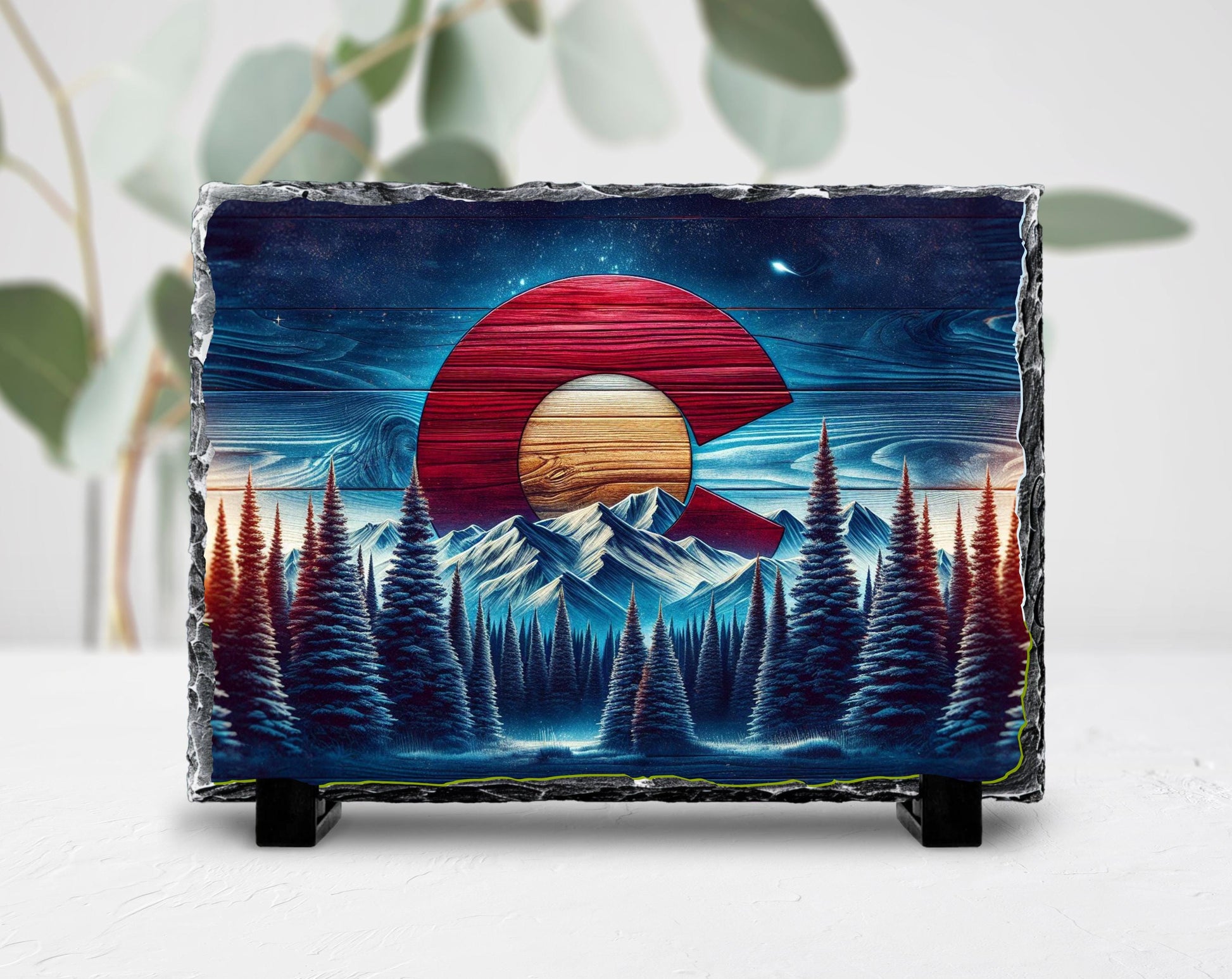 Rustic Slate Plaque | Colorado Mountain Decor - Handcrafted Natural Stone Tabletop Display - additional angle
