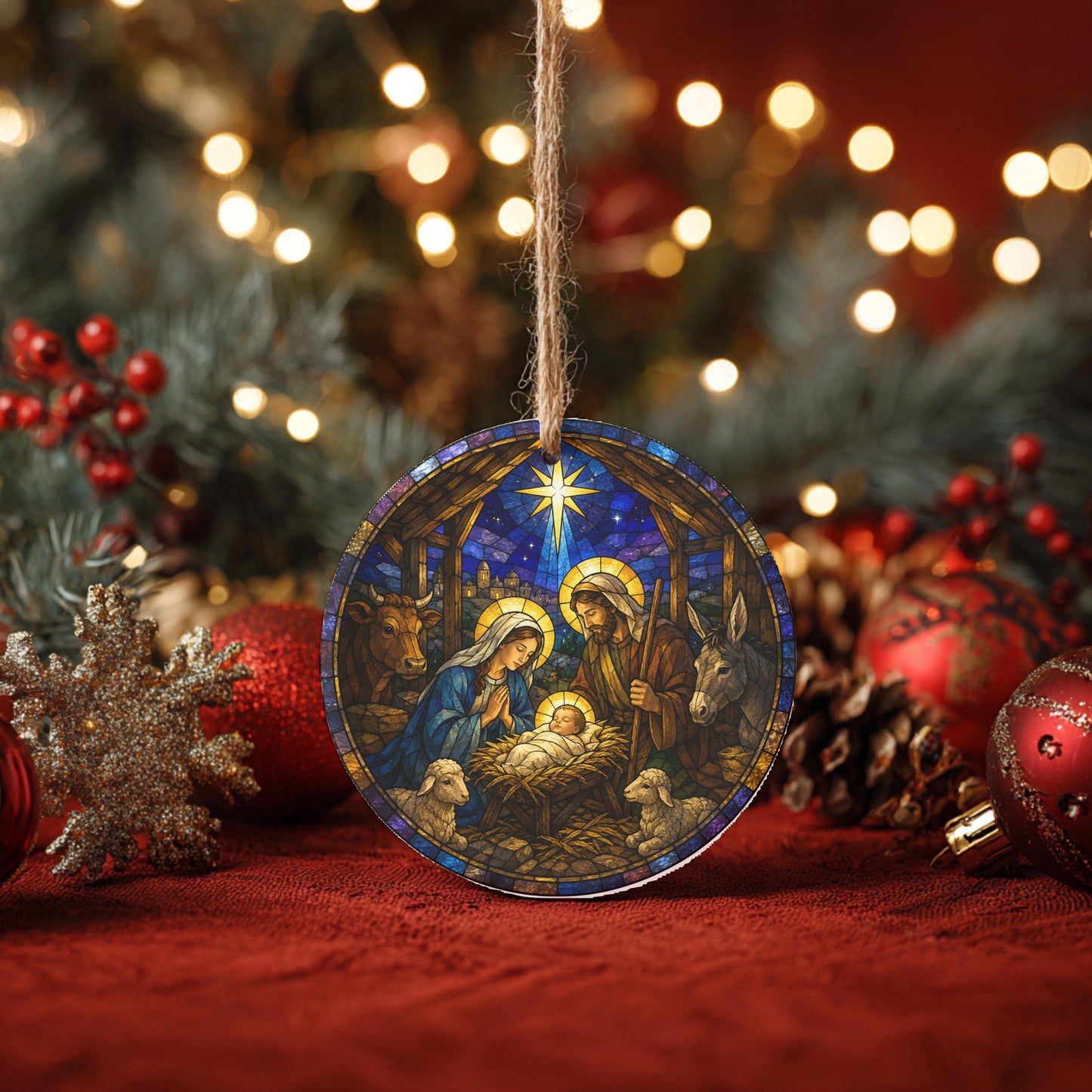 A stained glass ornament depicting the nativity scene of Mary, Joseph, and baby Jesus is hanging from a string, surrounded by Christmas decorations and ornaments.
