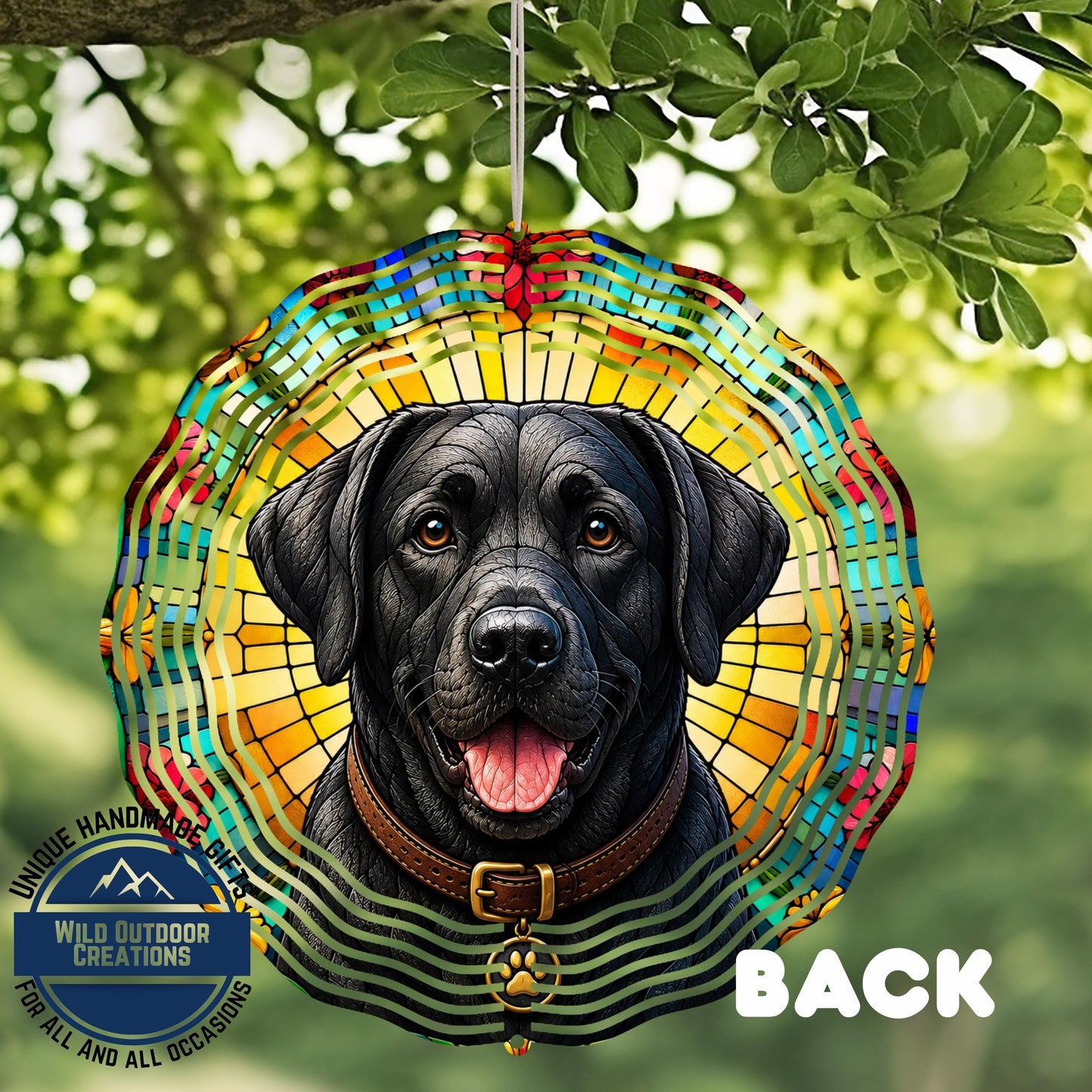Black Lab Wind Spinner - 10 Inch Faux Stained Glass Spiral Garden Decor