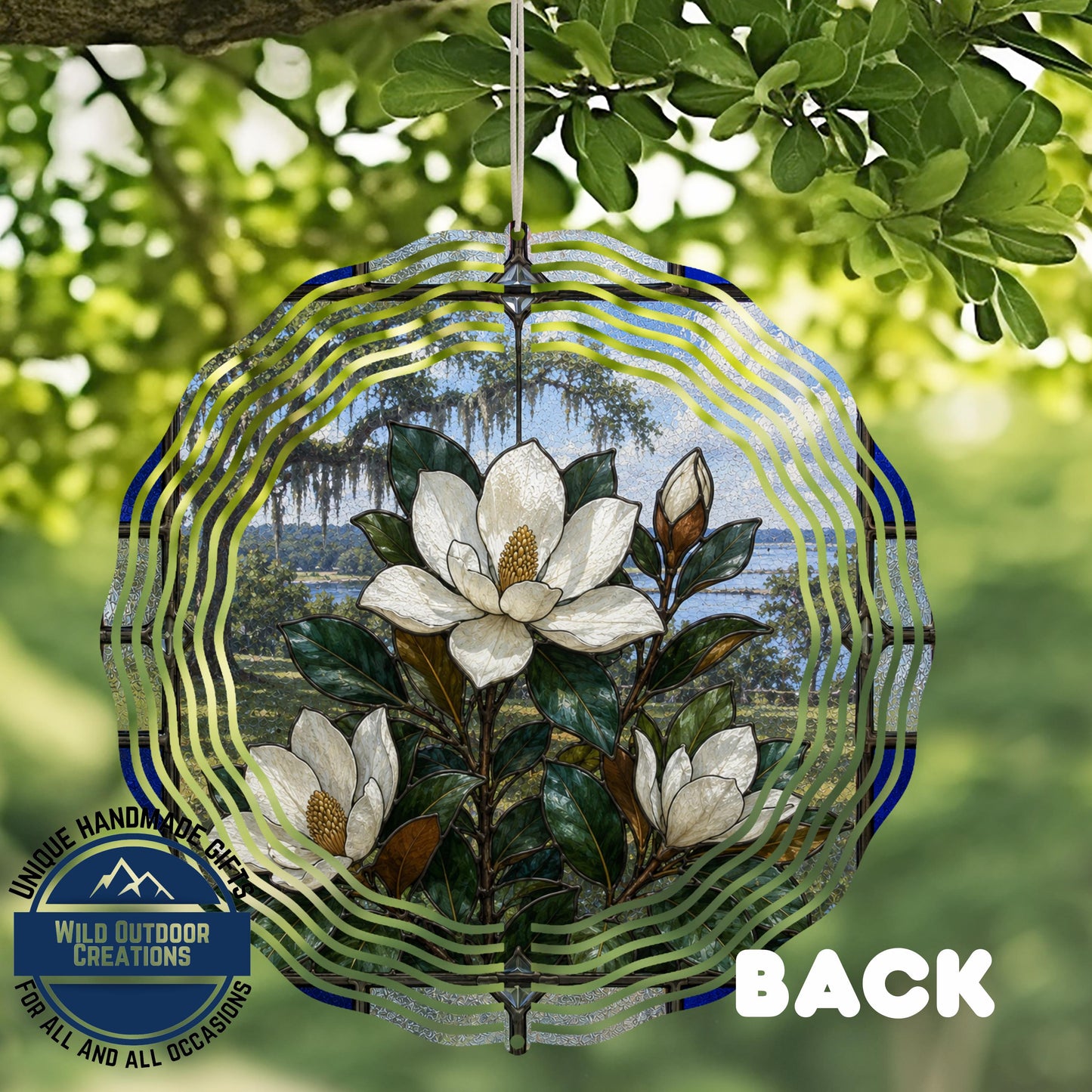 Magnolia Wind Spinner Louisiana State Flower Stained Glass Style Garden Aluminum Outdoor Decor