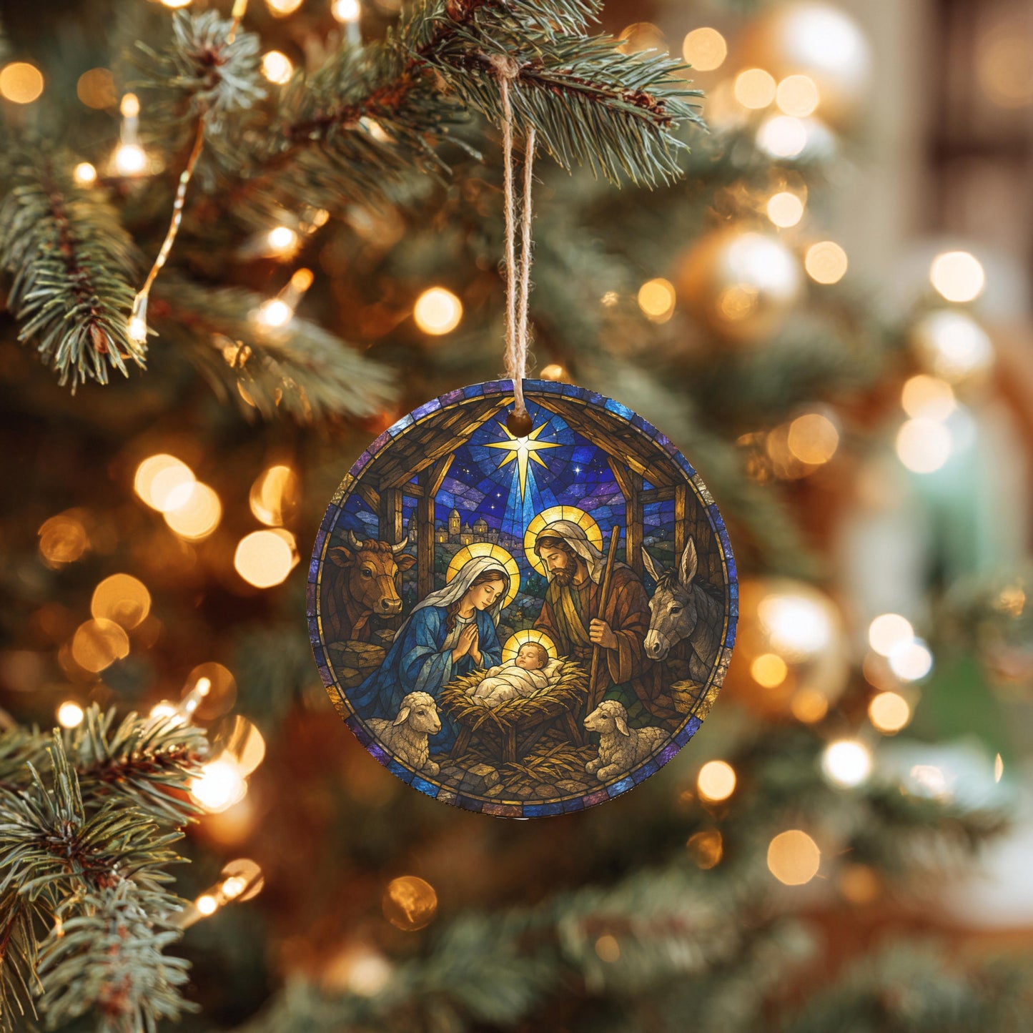 A stained glass ornament depicting the Nativity scene hangs from a Christmas tree, surrounded by twinkling lights.