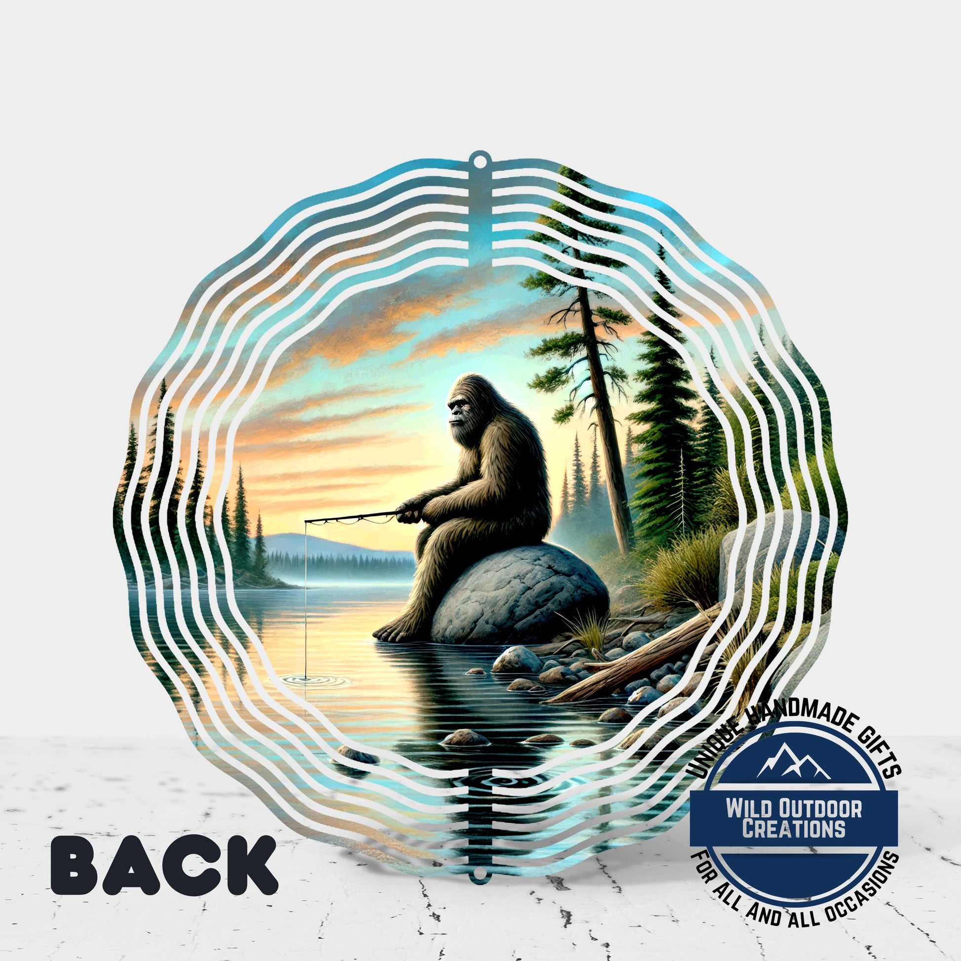 Bigfoot Fishing Wind Spinner - Aluminum Outdoor Spinner | Sasquatch Garden Decor - alternate view