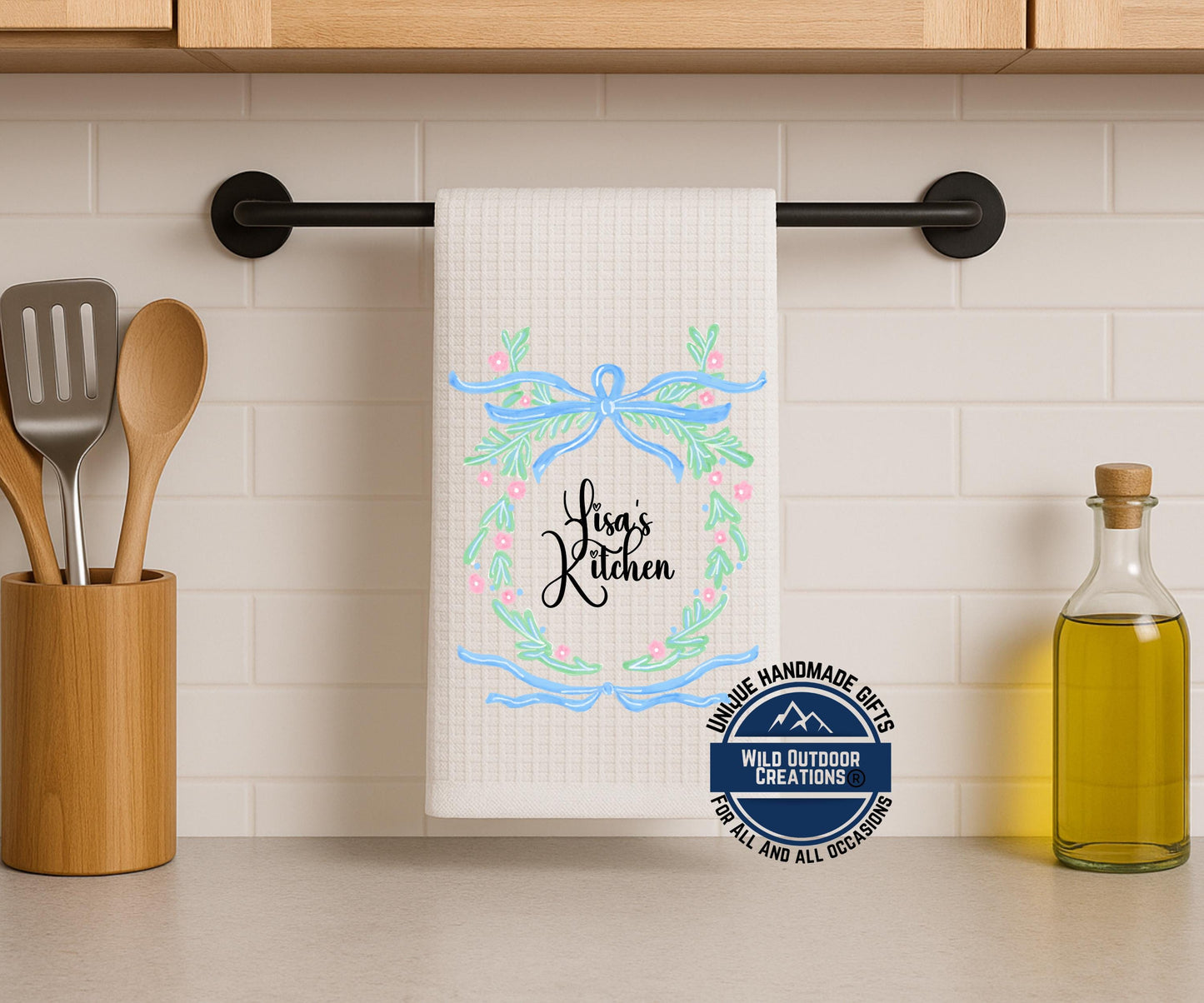 Personalized Kitchen Towel – Custom Name Floral Wreath Waffle Weave Gift - additional product photo 10