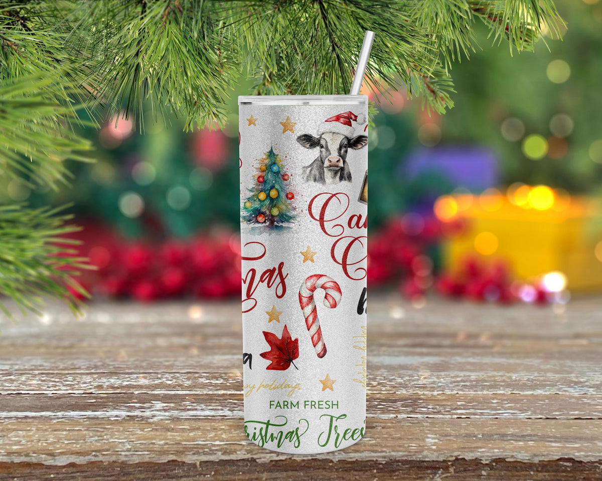 Christmas Cow Tumbler, 20 Oz Skinny Silver Glitter Santa Hat