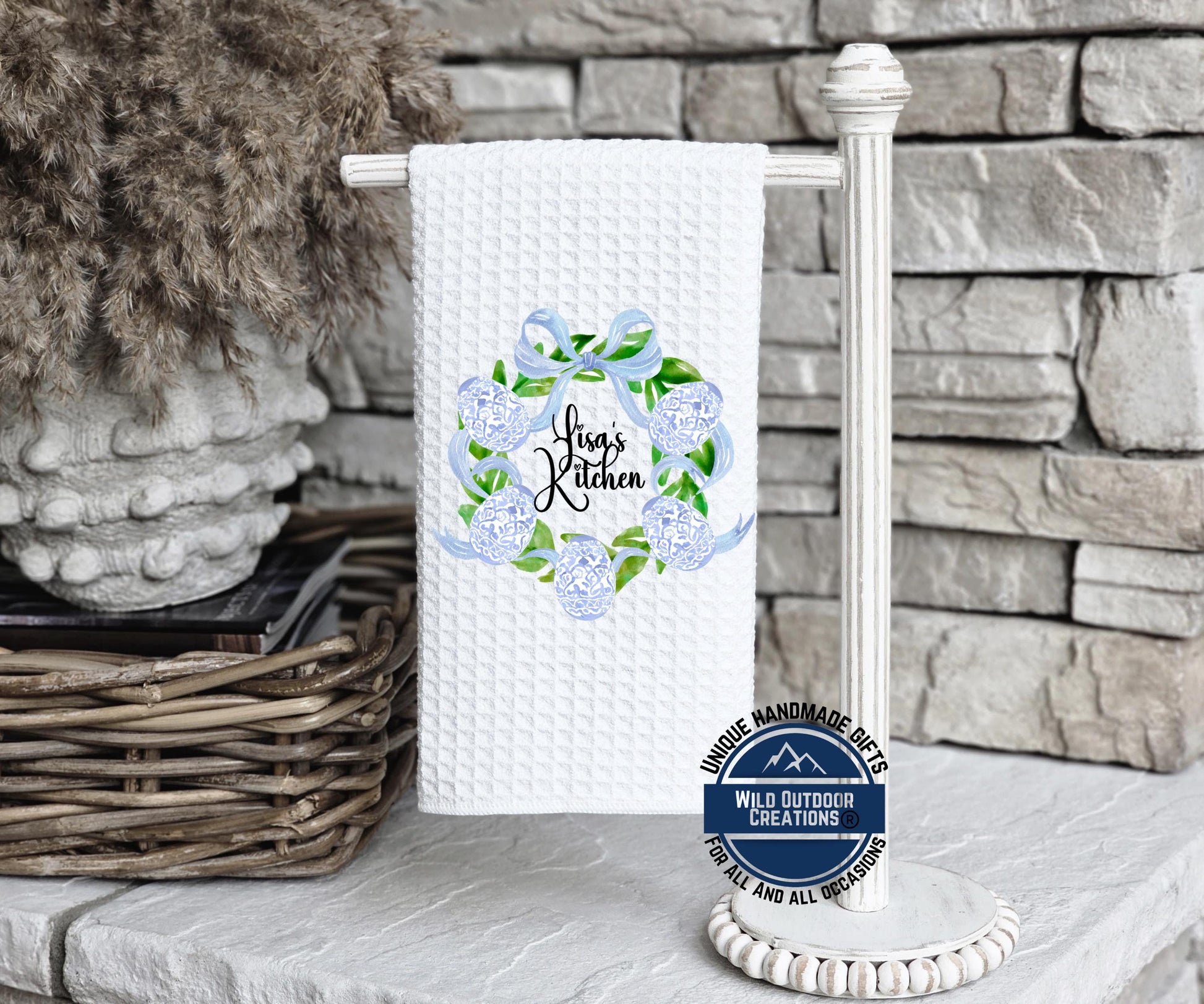 Personalized Easter Towel – Custom Name Kitchen Towel With Blue Chinoiserie Wreath - additional angle