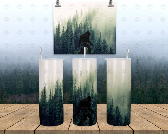 Bigfoot Tumbler Cup, Green Forest Fog Scene, 20Oz Stainless Steel