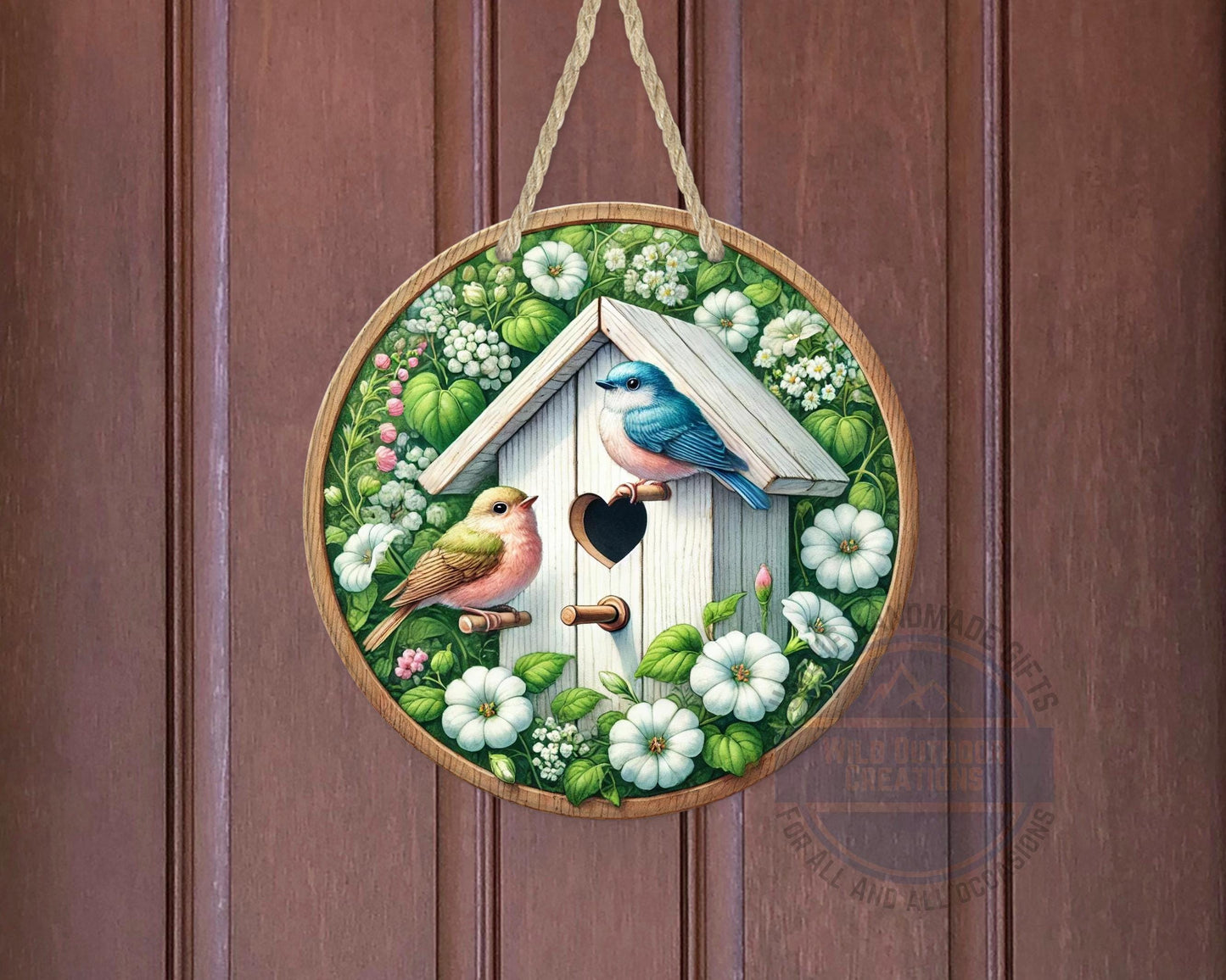 Birdhouse Door Hanger – Spring Door Decor with Songbird Porch Welcome Sign - displayed on front door