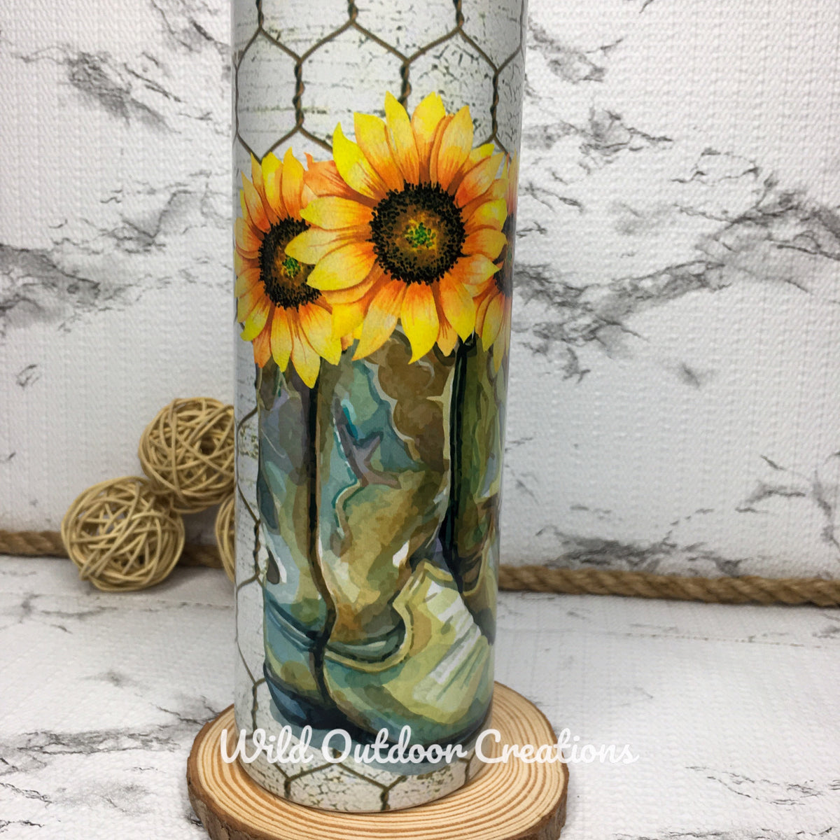 Rustic Sunflower Tumbler, Cowboy Boot Steel, 20 Oz, Lid Straw Cup